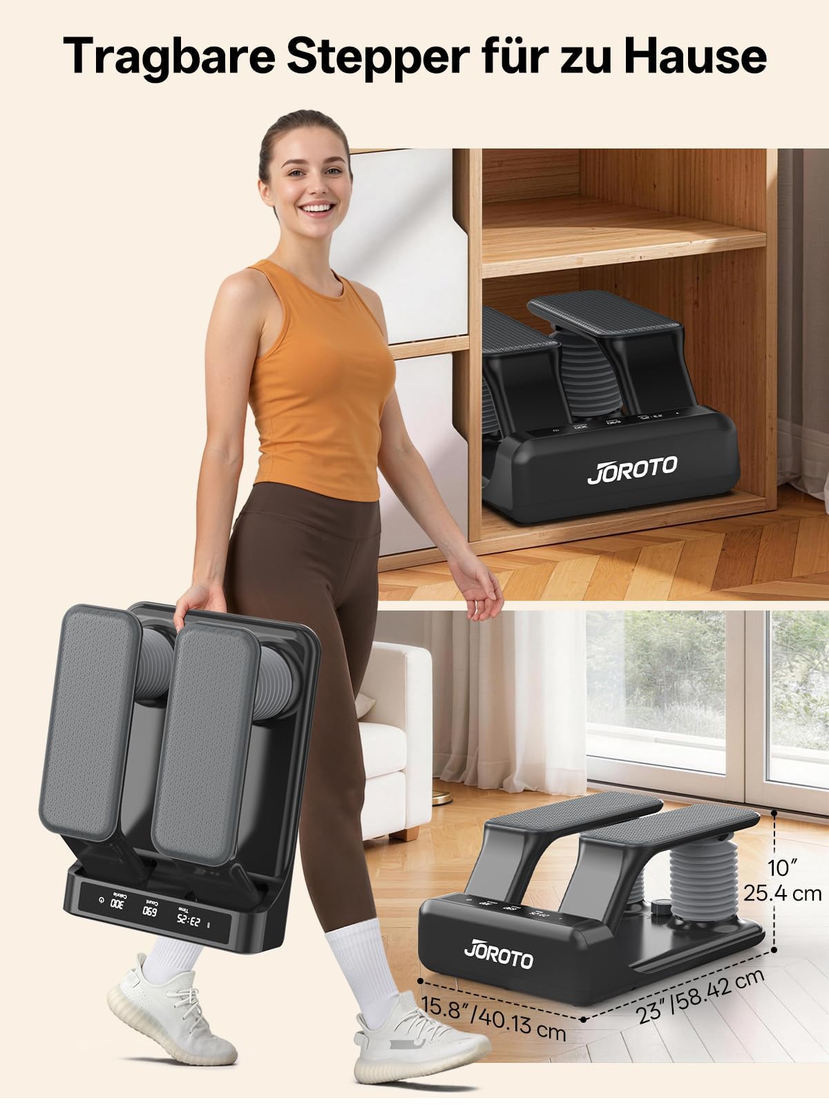 JOROTO Air Resistance Stepper für Zuhause, Mini Stepper mit 5-stufig Einstellbarer Intensität + Bändern, 300 LBS/136 KG, leise, LED-Display, für Wohnung & Home Gym