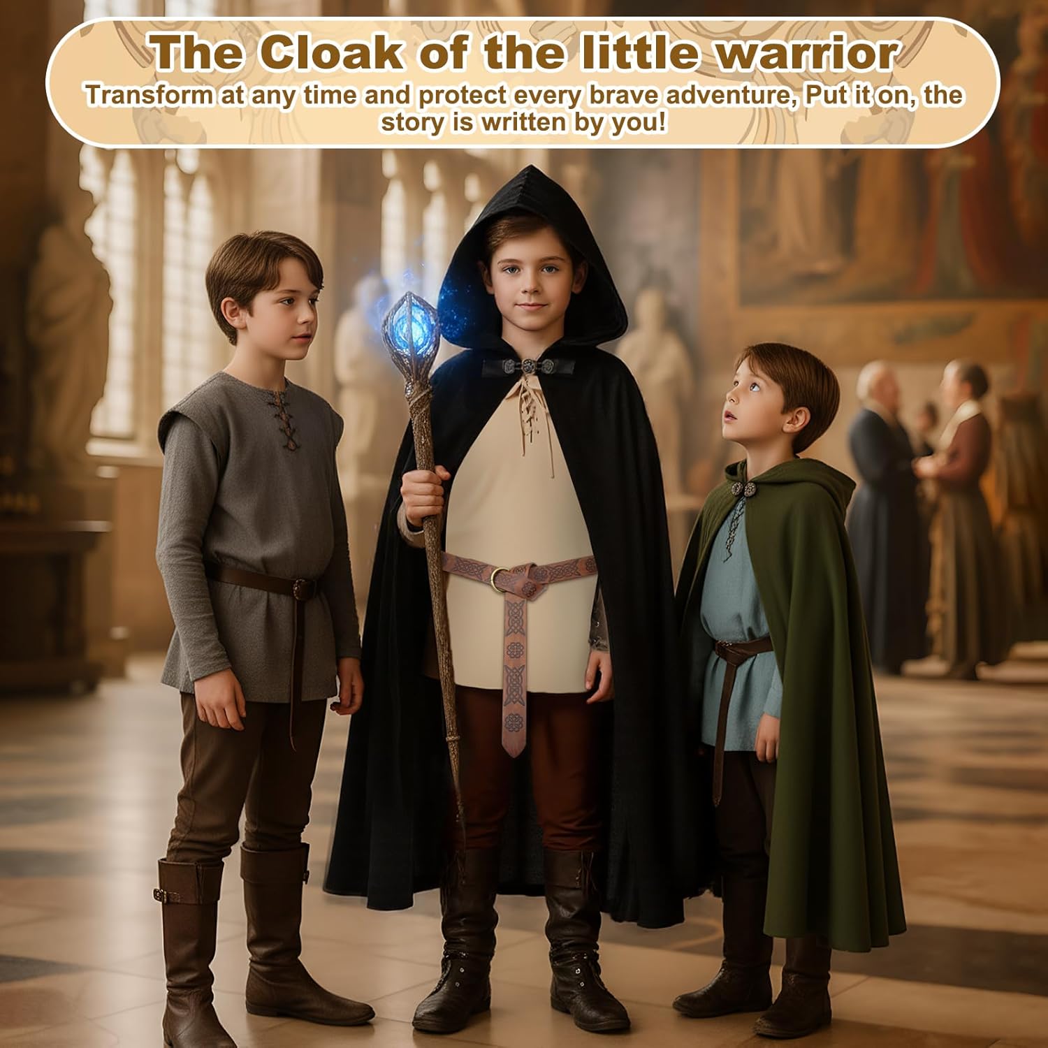 4 PCS Renaissance Costumes Outfit Pirate Medieval Viking Costume Hooded Cape Belt for Halloween Cosplay(Mixed Color,4-5 Years) - Image 4