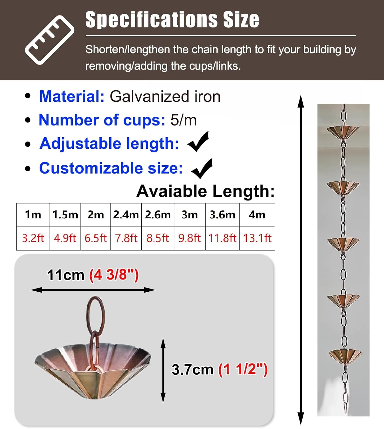 Rain Chain Decorative Umbrella Rain Catcher, Hanging Balcony Rain Chain, Divert Water Rain Catcher for Rain Gutter/Eaves Drainage/Gutters,1 m (32ft)