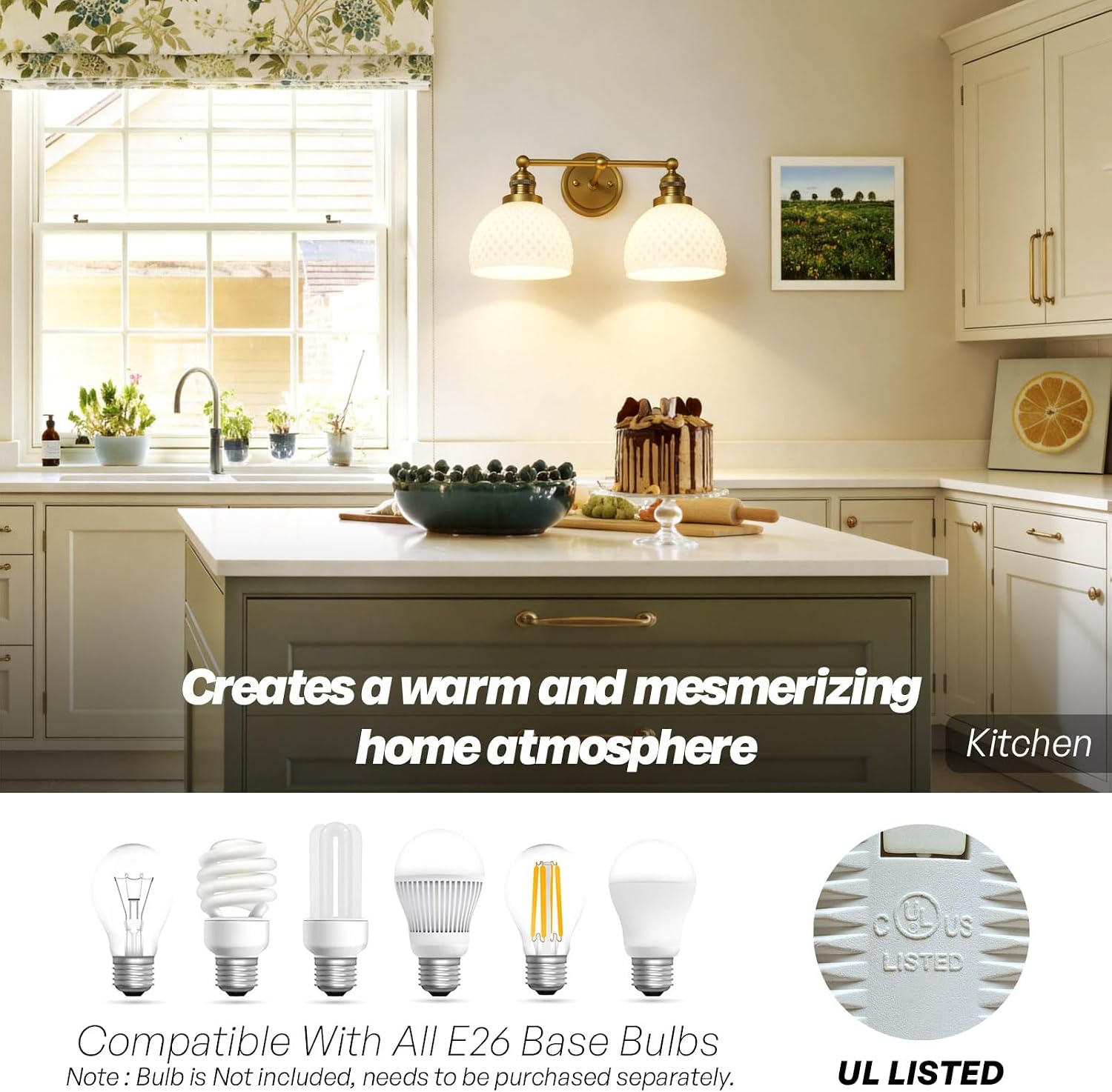 Vintage 2-Light Gold Bathroom Light Fixtures with Milk Glass | hardwired, easy install & clean, rustproof, upgrades old baths, fits farmhouse/traditional, over mirror/vanity, E26 base, UL