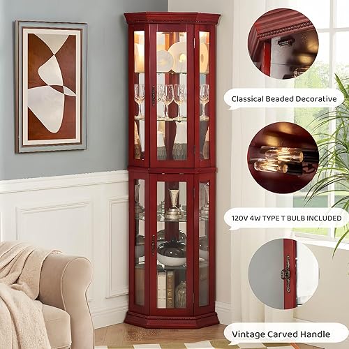 Miniatura 5 de Hayiodda Gabinete de exhibición de cristal Curio de esquina - Gabinete de China Curio de esquina iluminado con respaldo espejo, vitrina de China con