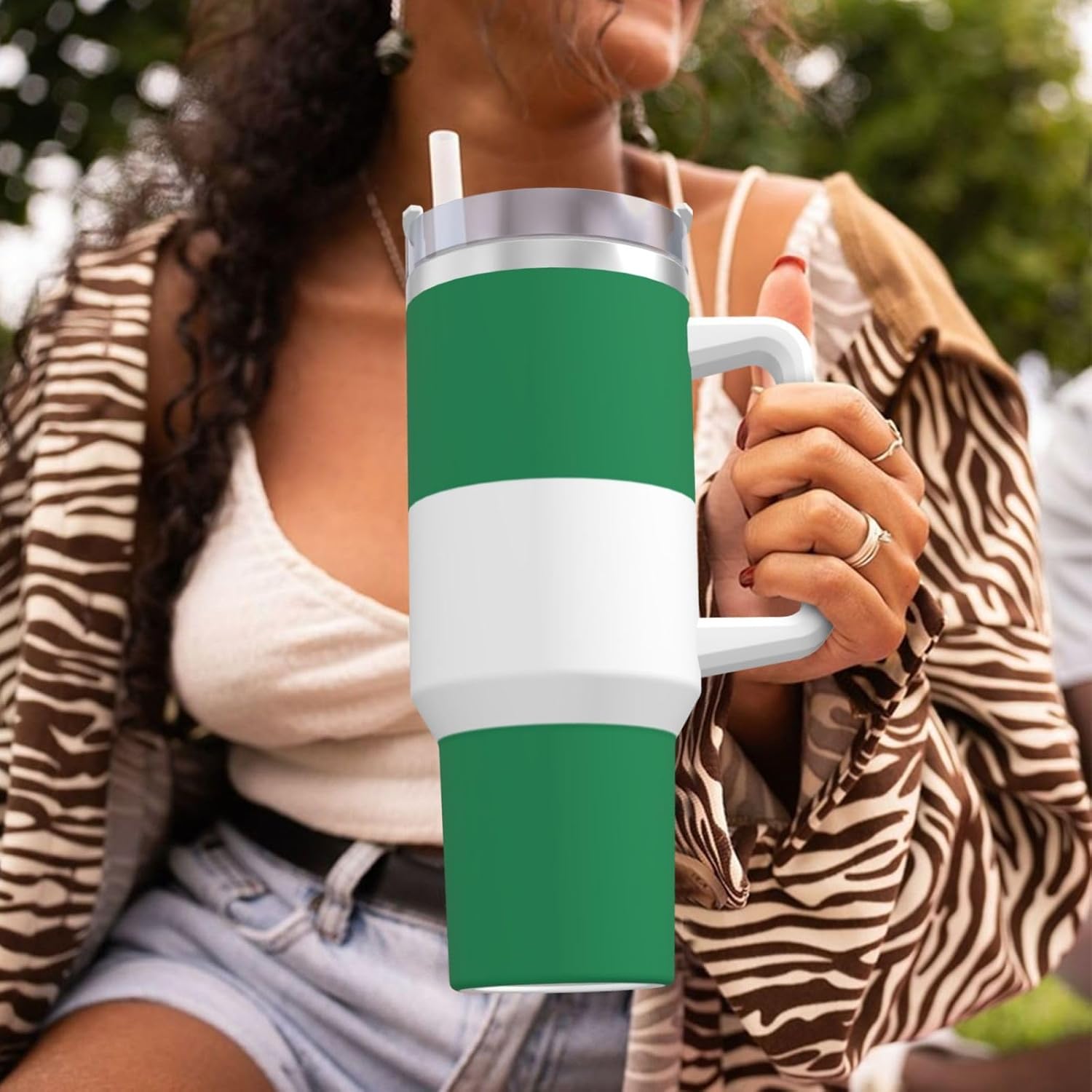 40 OZ Flag of Nigeria Print Ice Bully Cup with Handle Straw Lid Straw,Stainless Steel Tumbler Coffee Cup