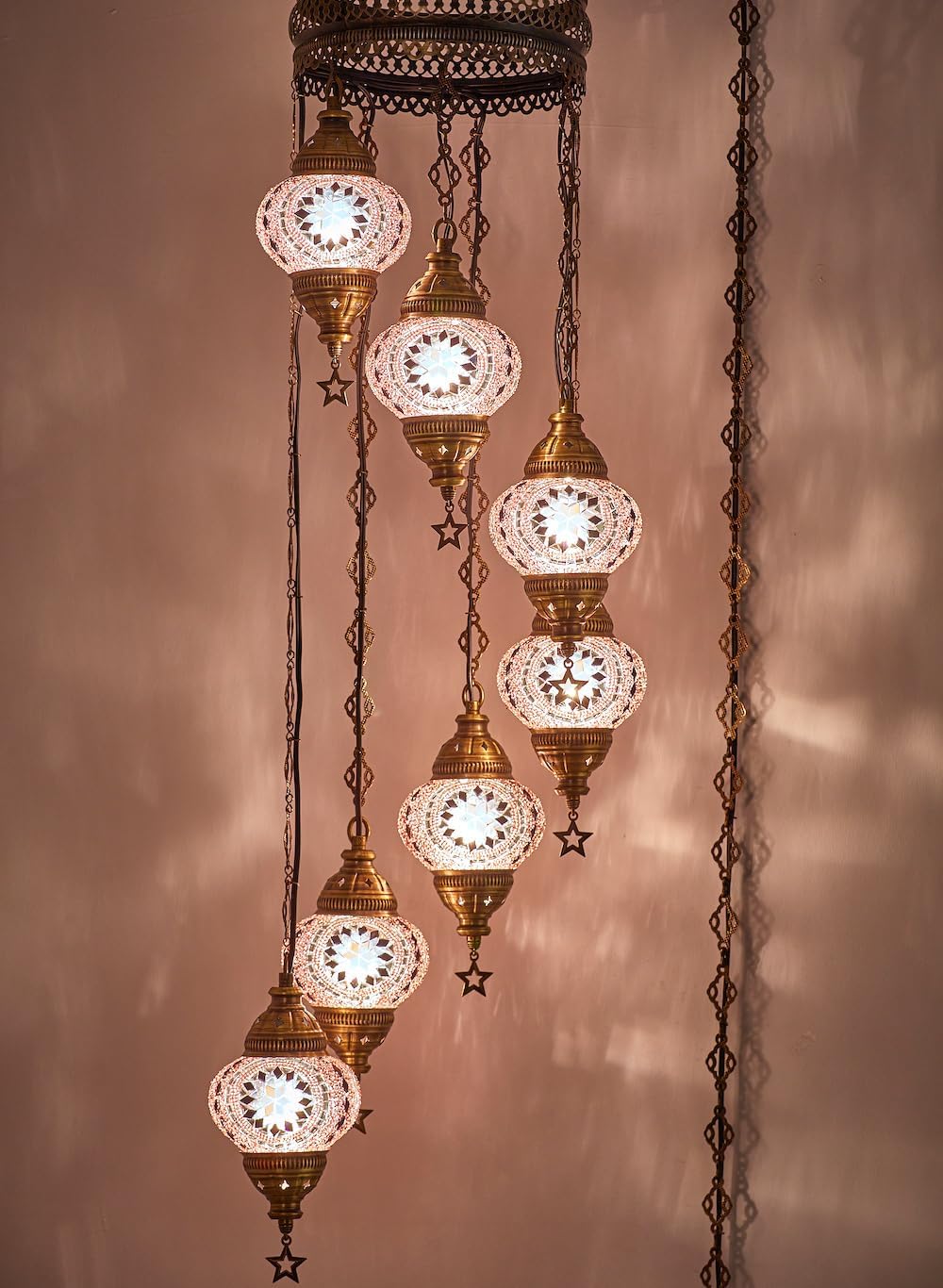 DEMMEX 7-Globe Plug-in Turkish Moroccan Mosaic Chandelier – Tiffany Style Ceiling Lamp, Hanging Pendant Light Fixture, Bohemian Swag Lighting, Handmade, 15ft Cord&Chain, Hangs 5ft, Multicolor