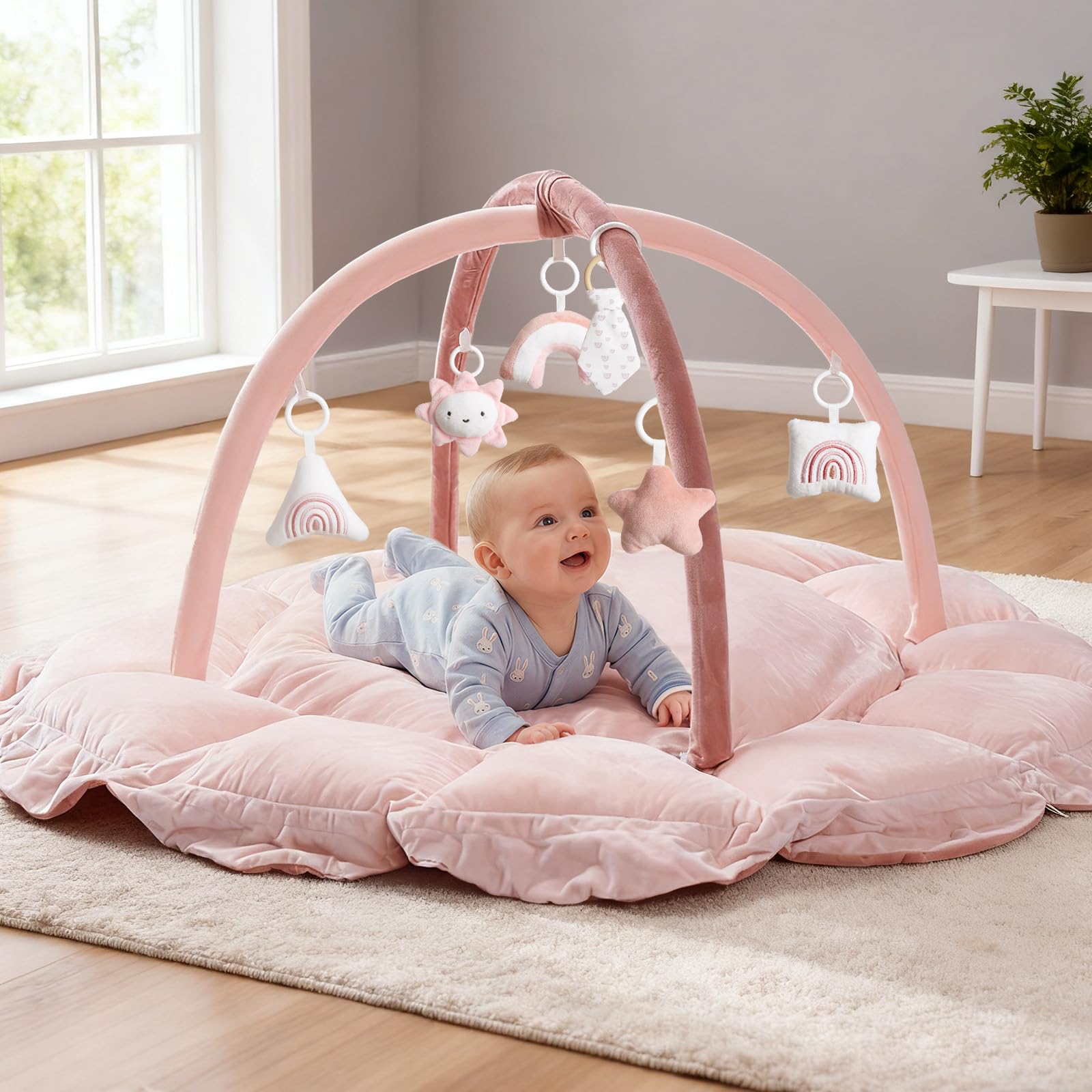 Mallify 5-in-1-Wandelbares Baby-Spielbogen mit 6 Spielzeug, Spieldecke zur Förderung der sensorischen Entwicklung, Babyspielmatte, Ballbad, Katzen- & Hundebett, weiche Plüsch Spieldecke, Rosa