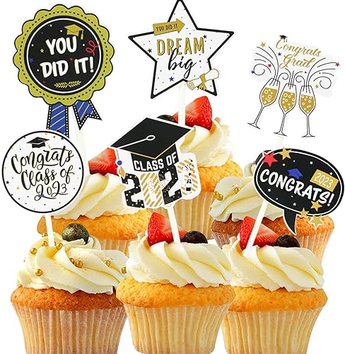 G.F.L Decoraciones de graduación de clase de 2023 y 48 paquetes de lindos adornos de graduación para cupcakes (6 patrones diferentes)