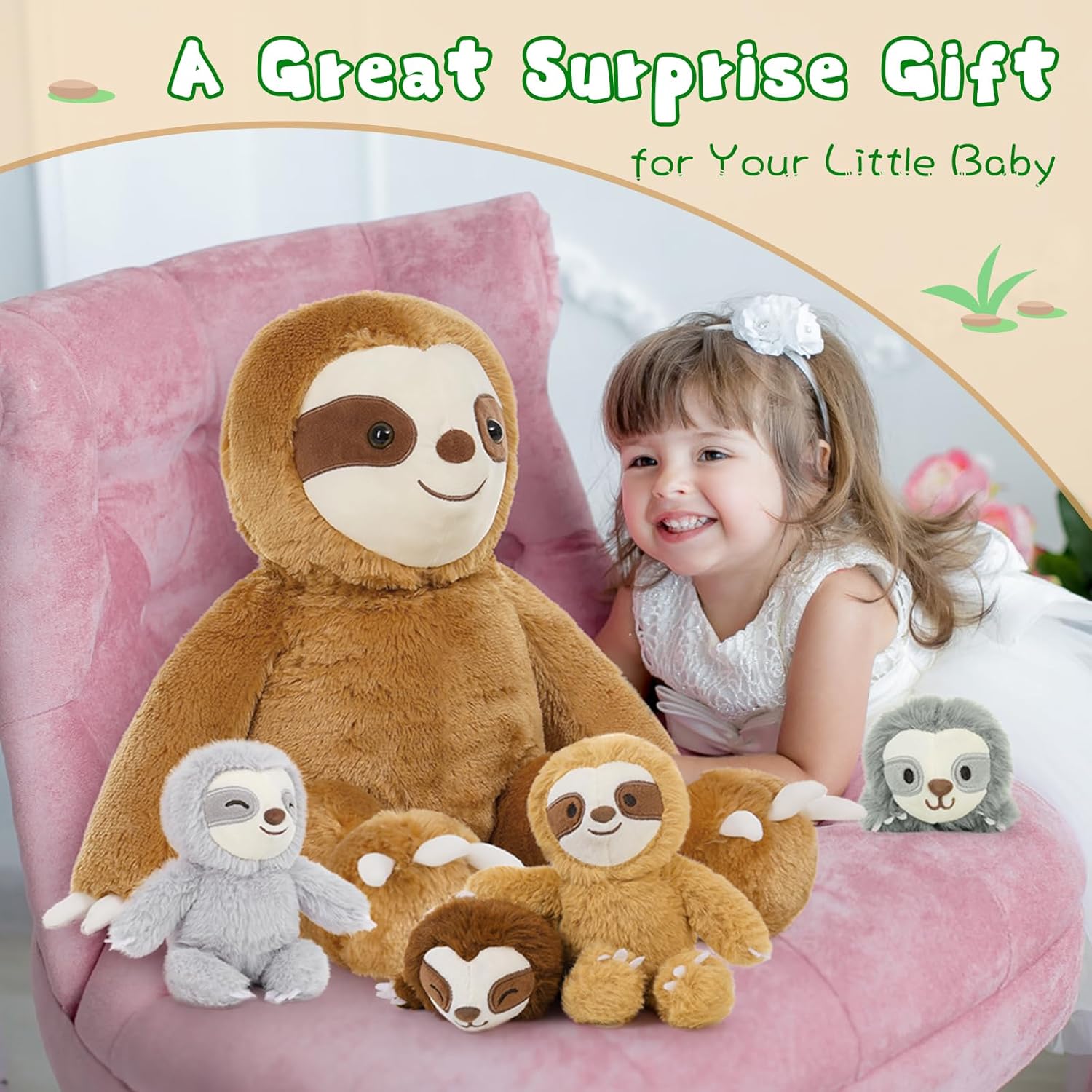 Tezituor 5Pcs Sloth Stuffed Animal Set, 22 inch Large Pregnant Stuffed Sloth Plushies with 4 Cute Babies Toy, Realistic Bradypod Plush Body Pillow Birthday Easter Gift Decor for Girl Boy