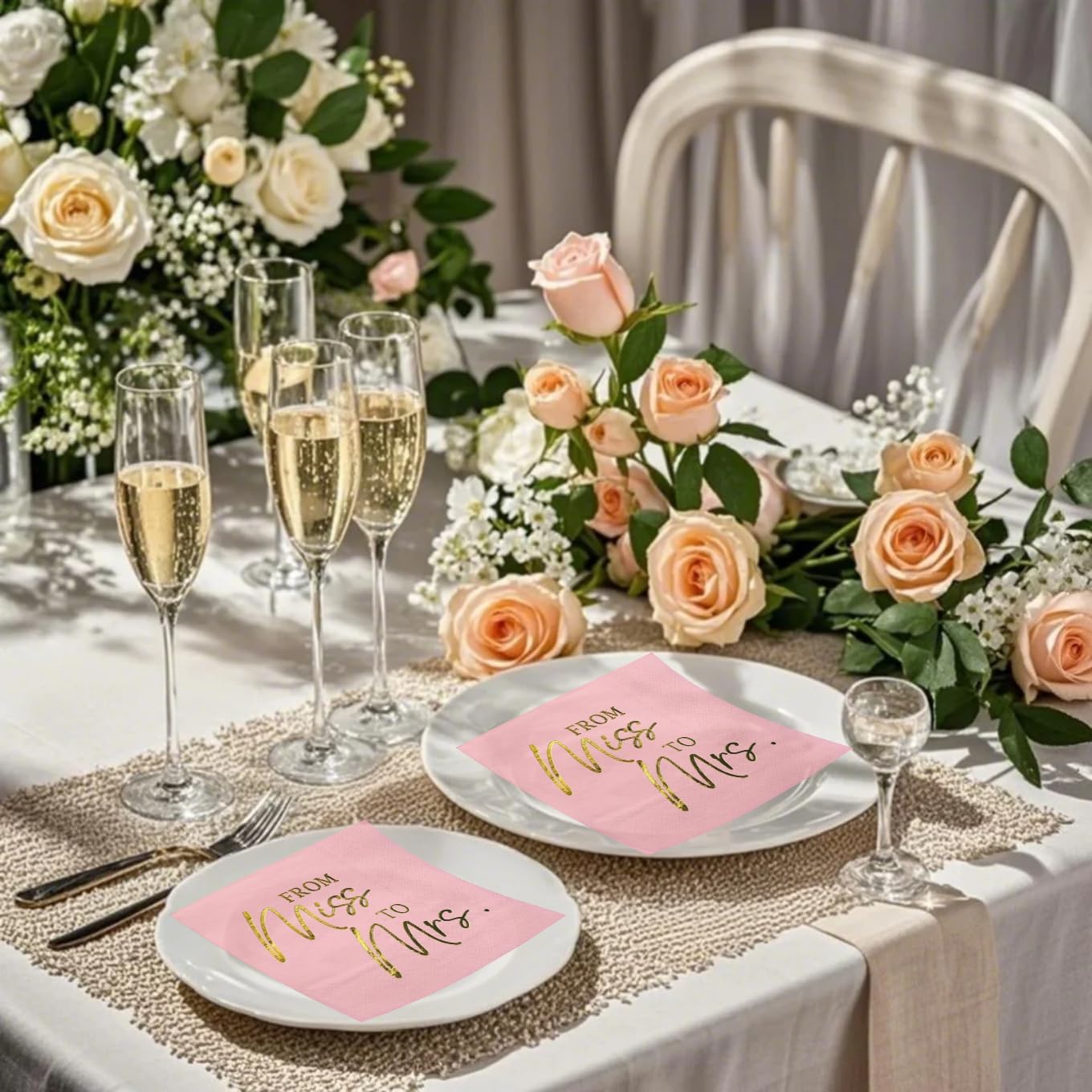 WRAPAHOLIC 50Pcs Pink Gold Foil Miss to Mrs Wedding Napkins - 3-Ply Disposable Cocktail Napkin for Wedding, Bridal Shower, Engagement, Bachelorette Party Decoration - 5 x 5 In