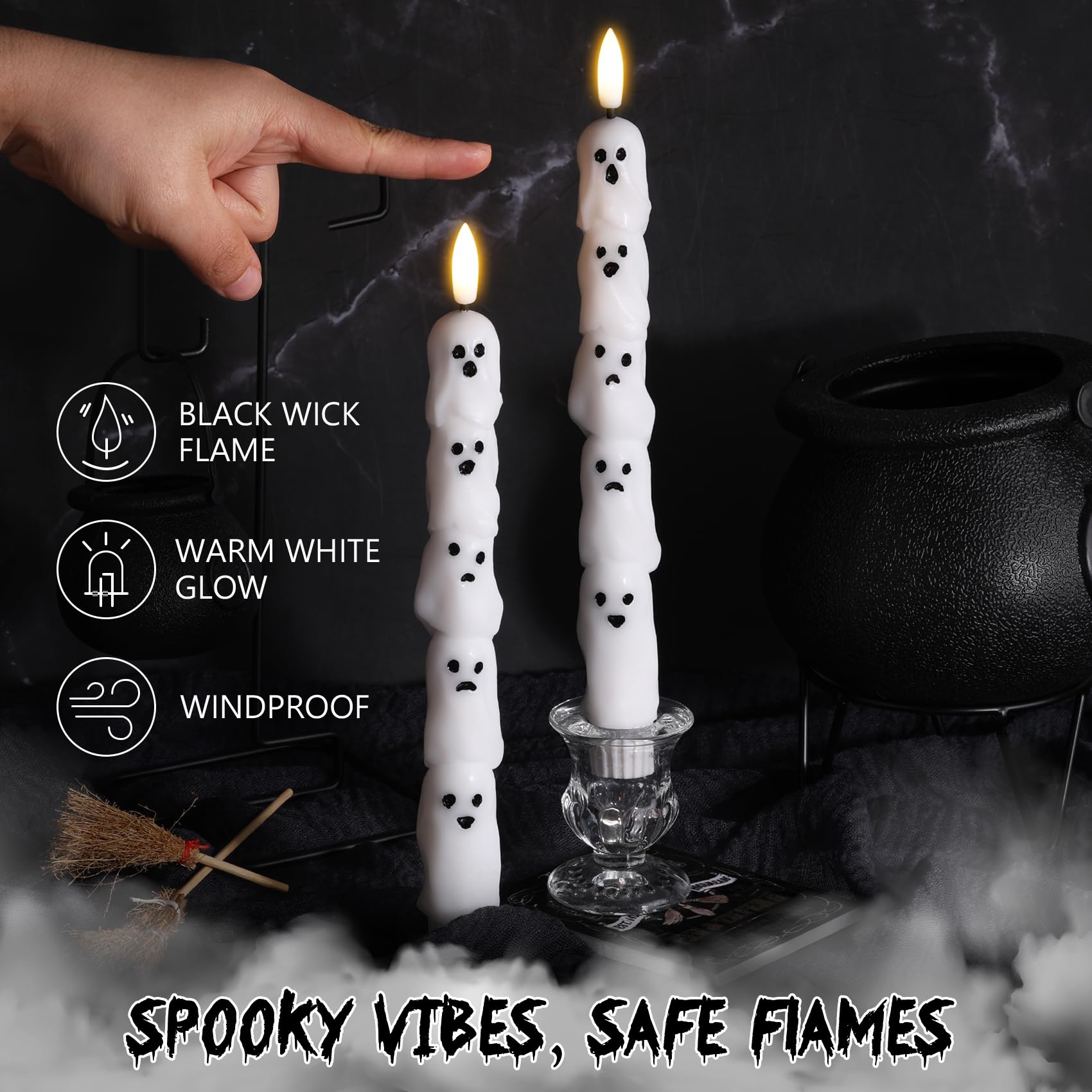 Eywamage White Ghost Candele coniche senza fiamma con telecomando, candele tremolanti in vera cera a batteria LED, set di 4