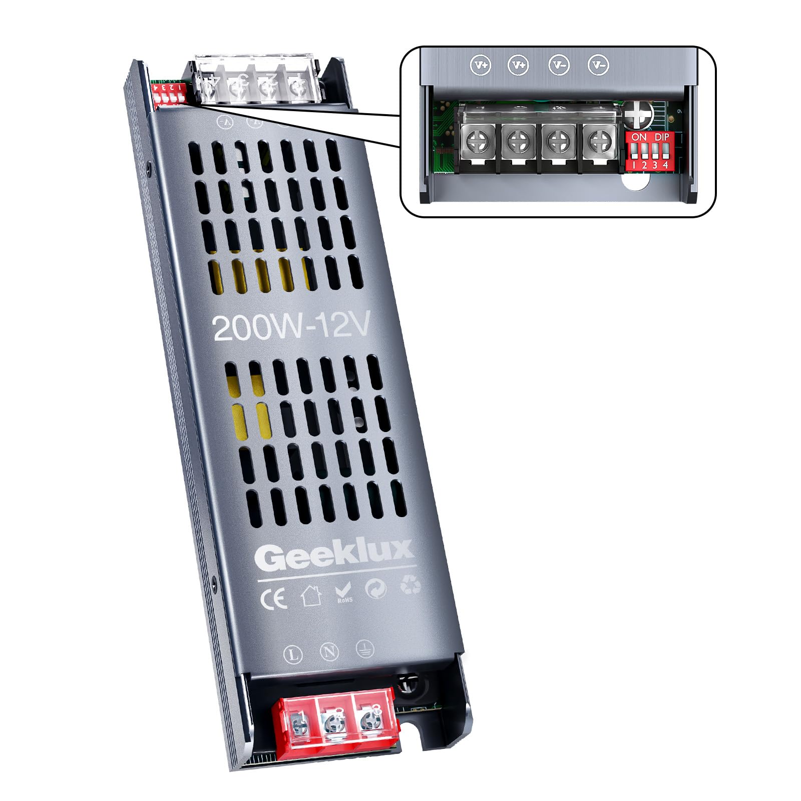Alimentatore LED 12V 200W Ultra Sottile Dimmerabile 4 Livelli, Trasformatore 220V AC a DC16.6A, Driver LED a Tensione Costante per Striscia (12V, 200, Watt)