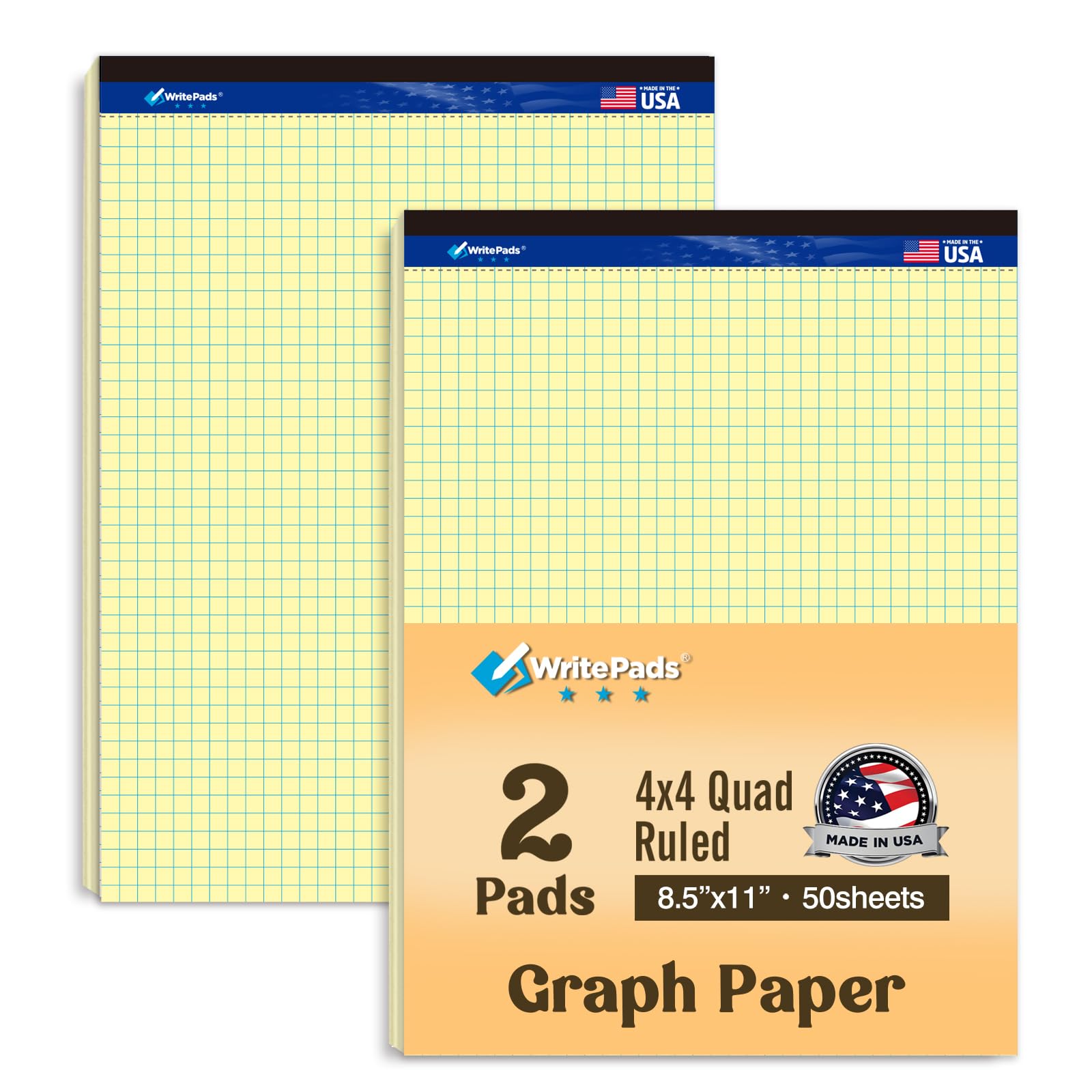 Bloc de notas de papel gráfico WritePads 8.5x11 cuadriculado canario de 50 hojas 2 blocks