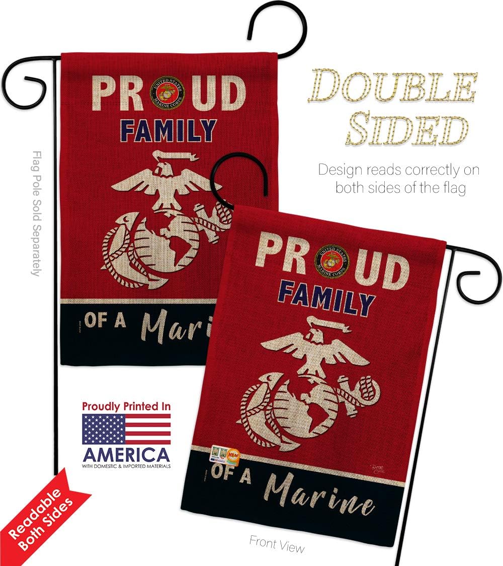 Proud Family Marines Burlap Garden Flags 2pcs Pack Armed Forces Marine Corps USMC Semper Fi United State American Military Veteran Retire Official Gift Yard House Double-Sided 13 X 18.5