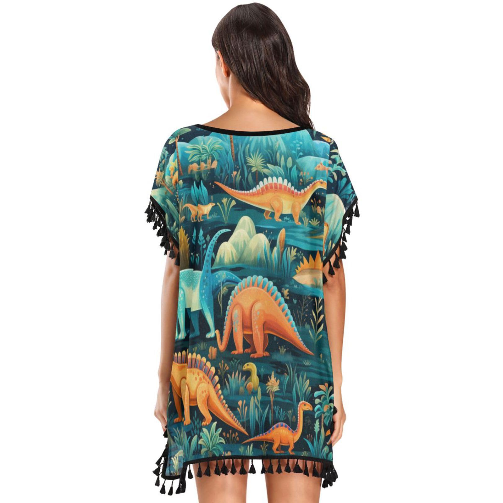 Cartoon Cyan Dinosaurs Art Women's Beach Cover Up Chiffon Tassel Swimwear Swimsuit Coverups for Girl