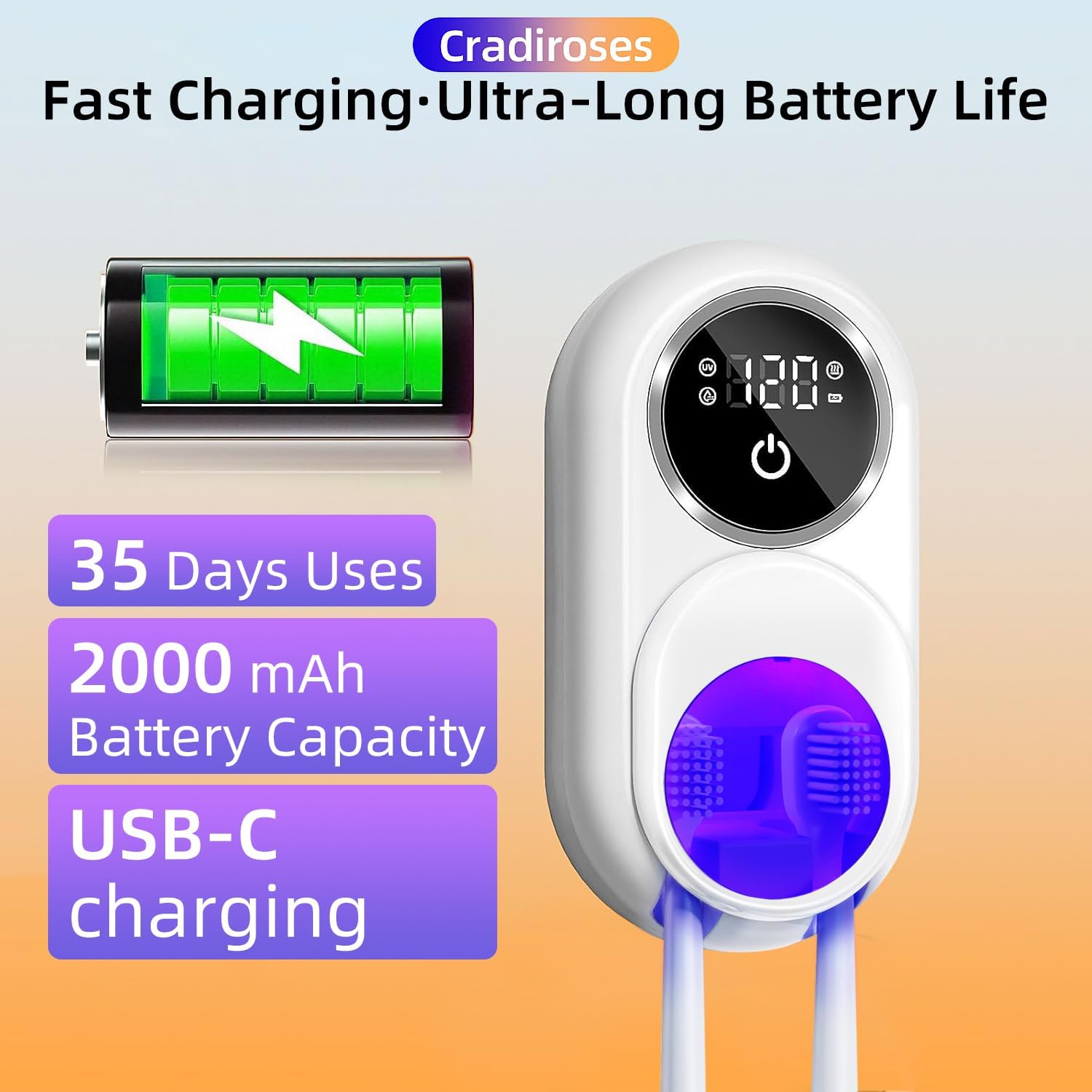 UV Toothbrush Sanitizer Holder(2 Slots, White)-Rechargeable Wall-Mount with Heated Fan Drying, LED Smart Screen, for Bathroom & Travel - Image 5