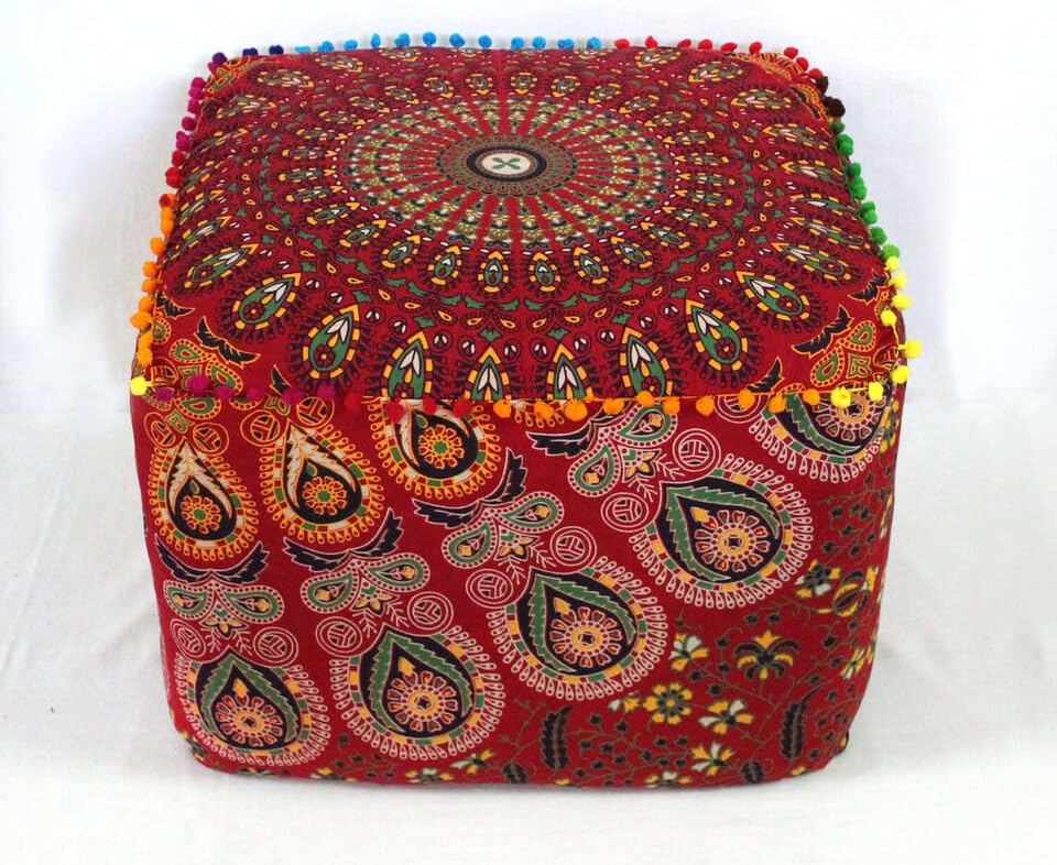 Indian Handmade Mandala | Square Ottoman Pouf Cover | Footstool Seating (RED Peacock Mandala, 22x22x22)
