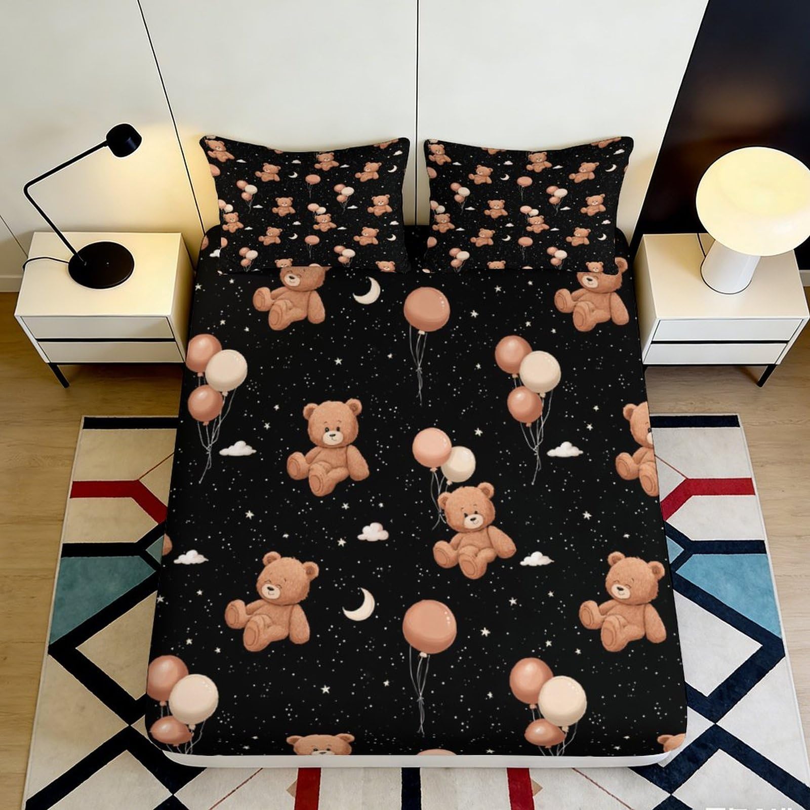 Pnayamiorkfel Style-4 3D Printed Teddy Bear Balloon Fitted Sheet Microfiber Black Night Sky Mattress Cover For Bedroom Guest Room Easy Care 90X200x25cm