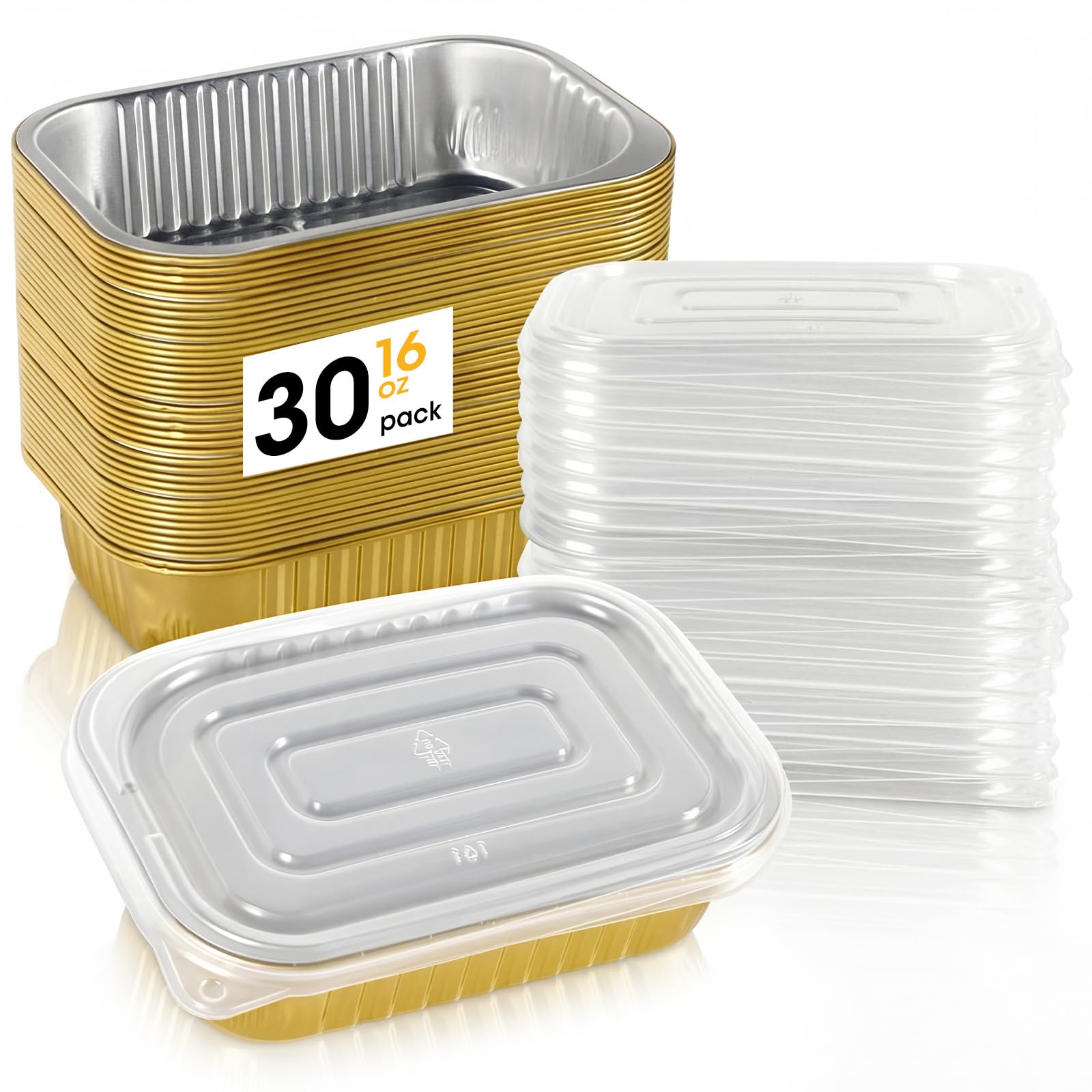 Dexpally 30 Pack 475ml Foil Trays with Lids, Disposable Aluminum Baking Tins Loaf Pans, Rectangular Cake Molds with Transparent Lids for Bread Wedding Birthday Picnic Party Gold
