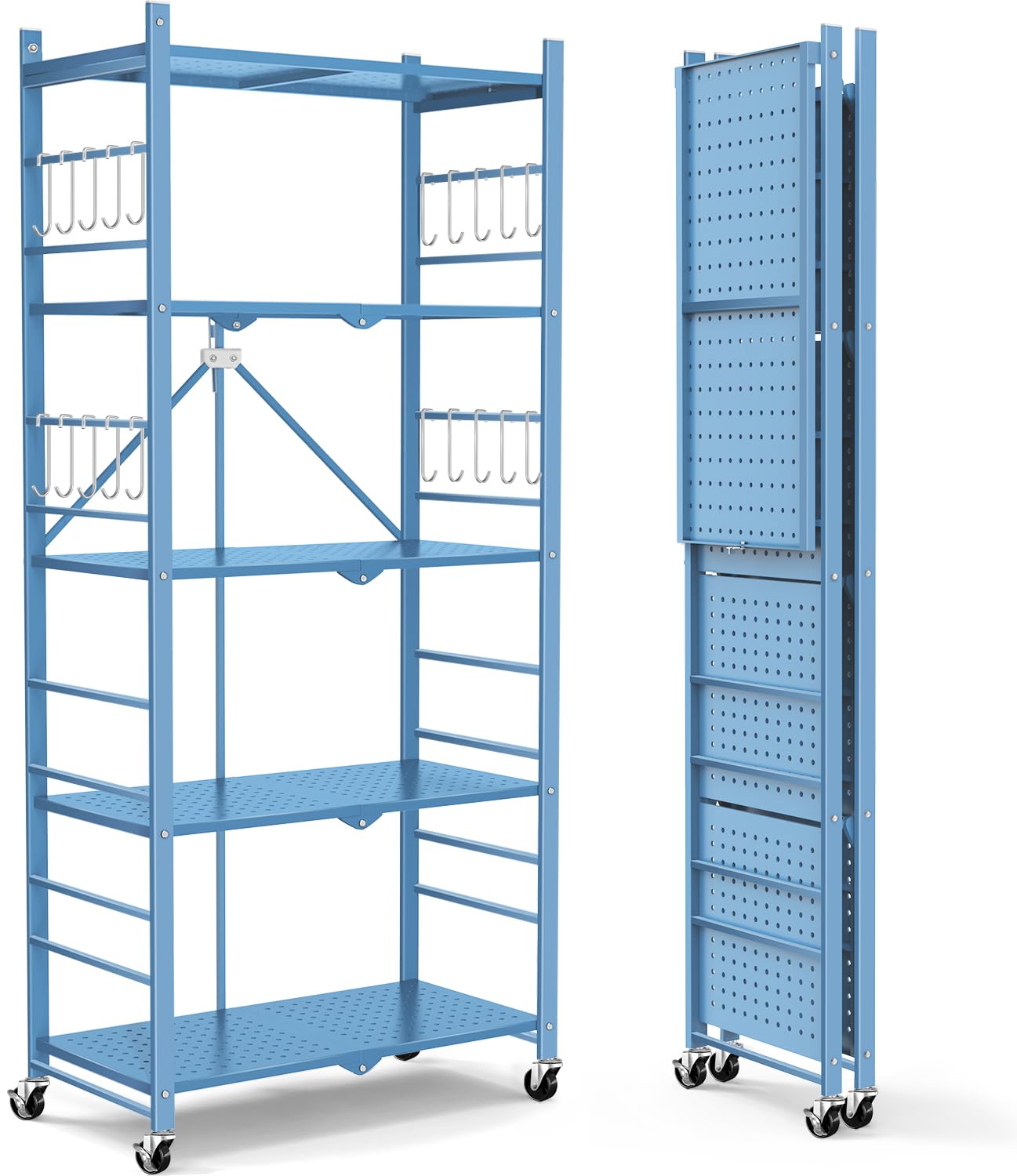 Storage Shelves with 20 Hooks, 5-Tier Foldable Shelves for Storage, Folding Shelf Unit Pantry Shelves with Wheels, Standing Shelving Unit for Kitchen Garage Home Office Room Greenhouse, Blue