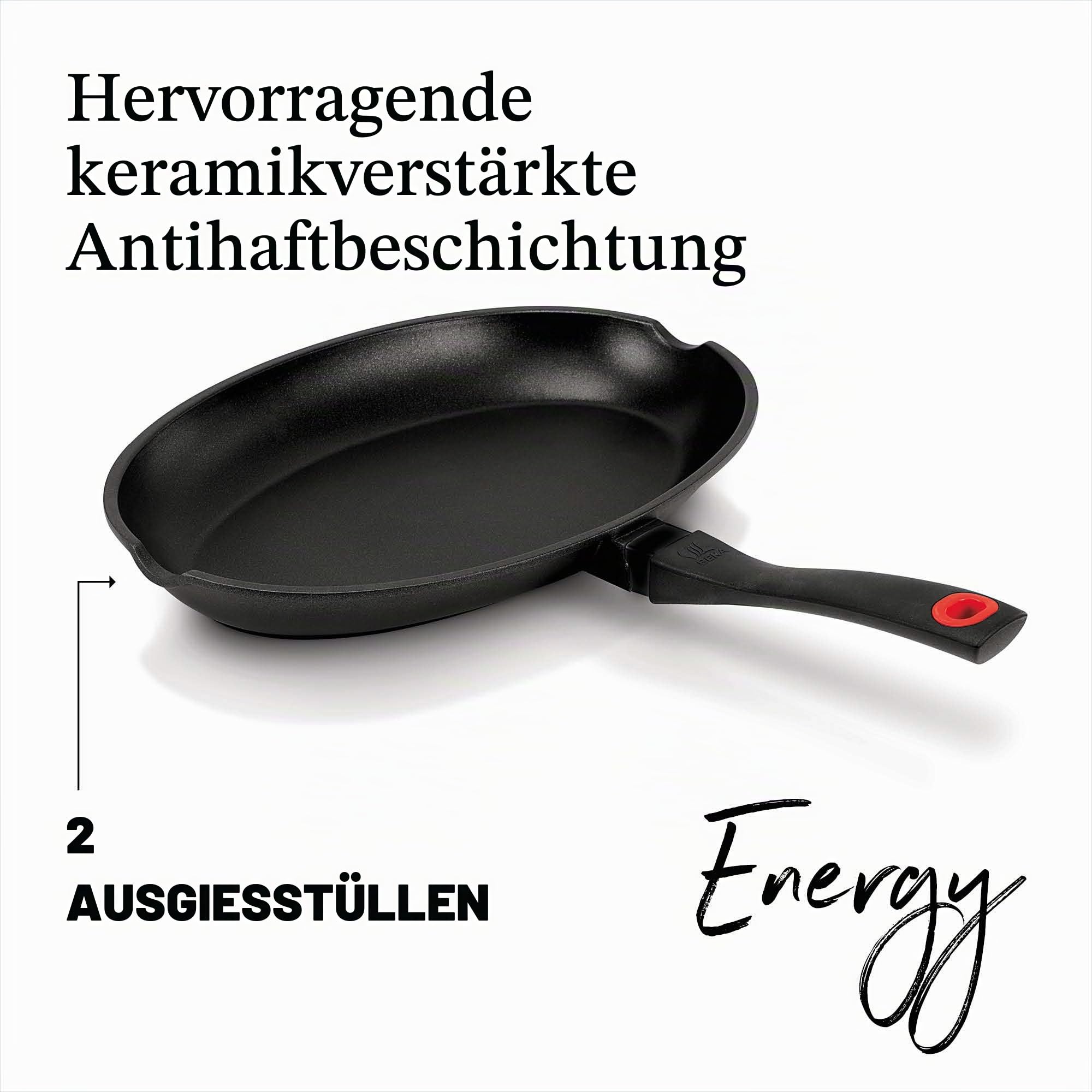 Beka Fischpfanne oval induktion, Pfanne oval antihaftbeschichtet, aus Aluguss, mit 2 Ausgießvorrichtungen, 34 x 23 cm, mit hitzeabweisendem Griff aus Kunststoff, schwarz, Energy Kollektion