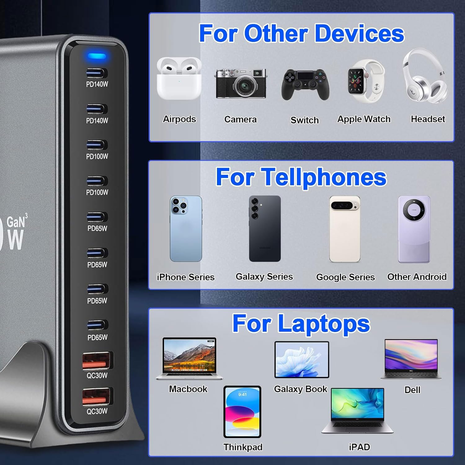 Cargador USB C de 800 W, múltiple, 10 puertos, unidad de carga USB, múltiple, 8 x USB-C y 2 puertos USB-A, cargador rápido, estación de carga, cargador compacto para múltiples dispositivos, compatible