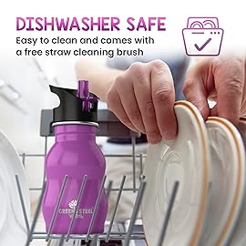 Kids Water Bottle with Straw & Handle, 12 oz Silver- Eco Friendly Toddler Cups with Straws - Easy Sip Metal Water Bottle for Kids - Cute Stainless Steel Water Bottles for Children - Leak Proof Lid