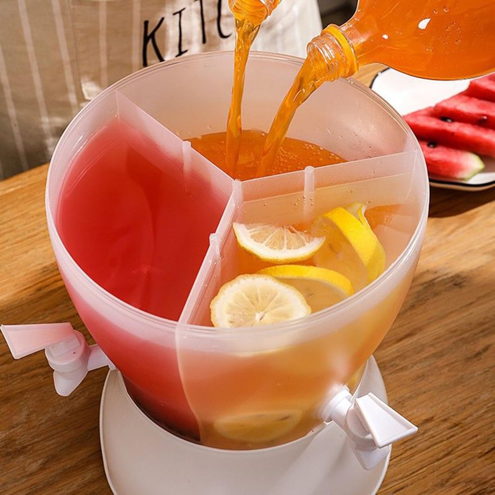 Dispenser per Bevande - Distributore Succo 5.3L per Feste | Caraffa a 3 Scomparti con Rubinetto, Contenitore Rotante Antigoccia per Tè Freddo Limonata Succhi Caffè Freddo