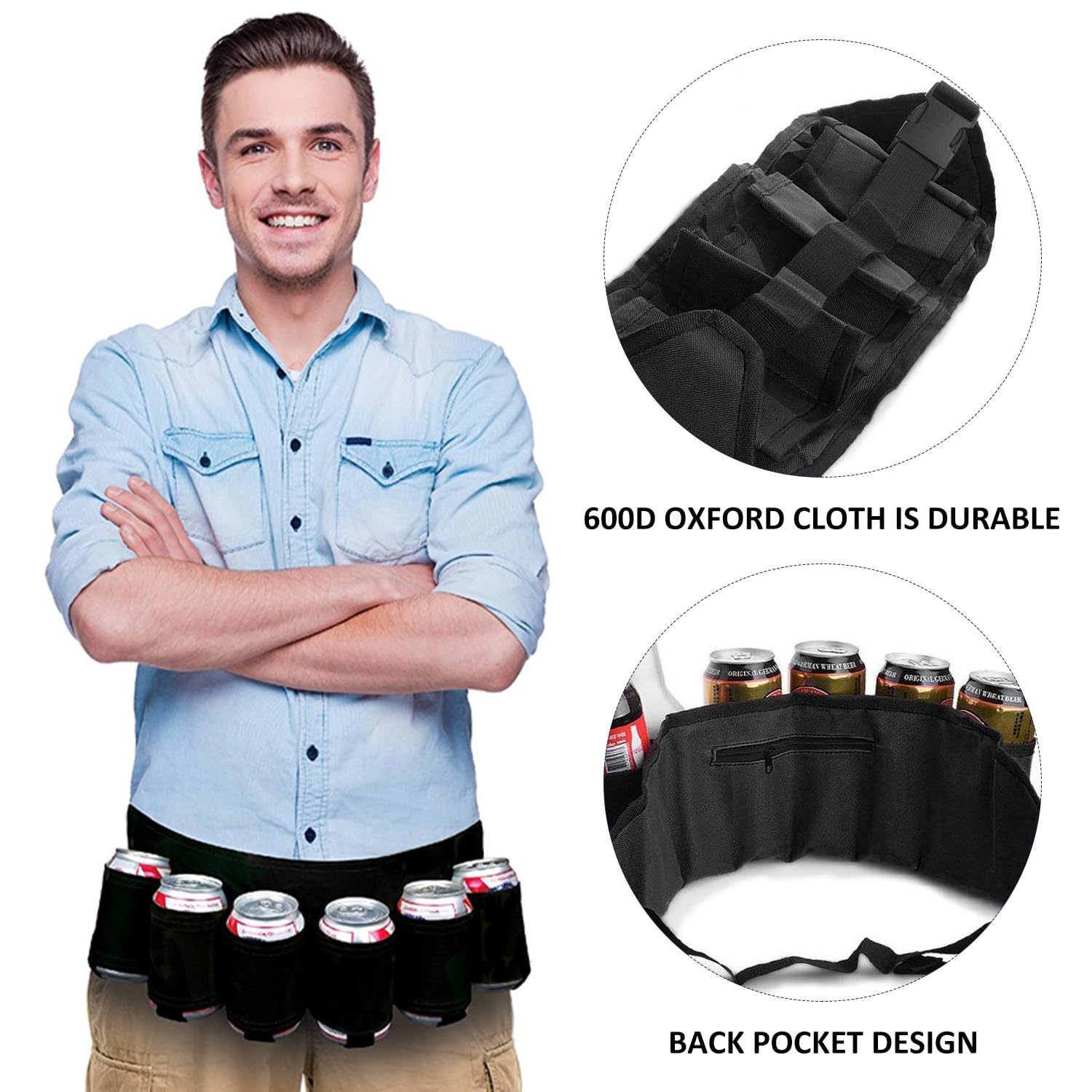 GVSAVY 1pcs six-compartment fanny pack, 3pcs closure tabs, beer belt, can hold 6 cans of beer and drinks, portable drinking fountain, suitable for camping, hiking (black) - Image 4