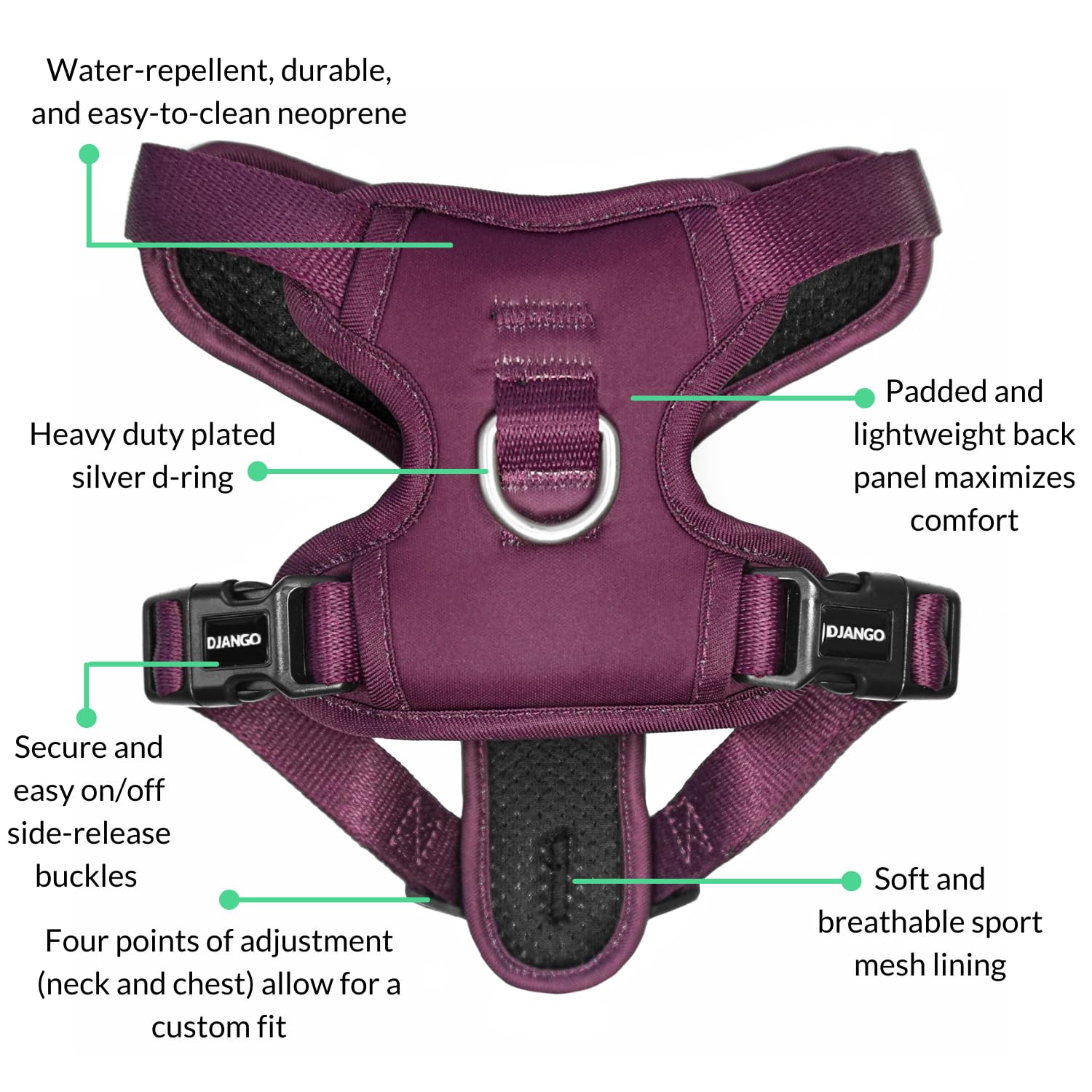 DJANGO Tahoe No Pull Hundegeschirr,Bequemes,Verstellbares und sicheres Design für den täglichen Gebrauch (Medium, Himbeerviolett)