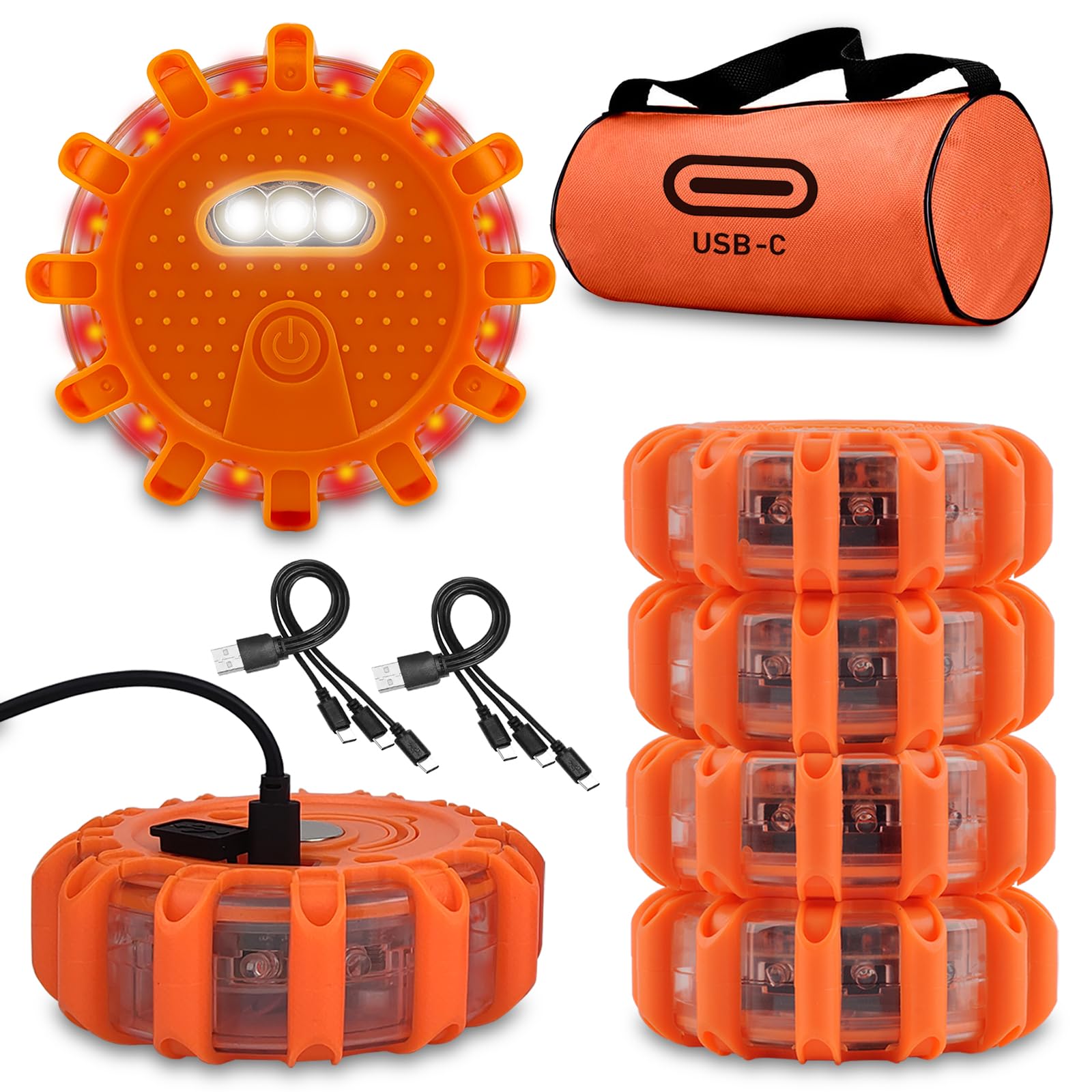 Ecoangel USB-C Rechargeable LED Road Flares Emergency Lights-Large Capacity (Lithium Battery) 3 in 1 Cable Roadside Warning Car Safety Beacon Flashing Disc Kit with Magnetic Base for Vehicles