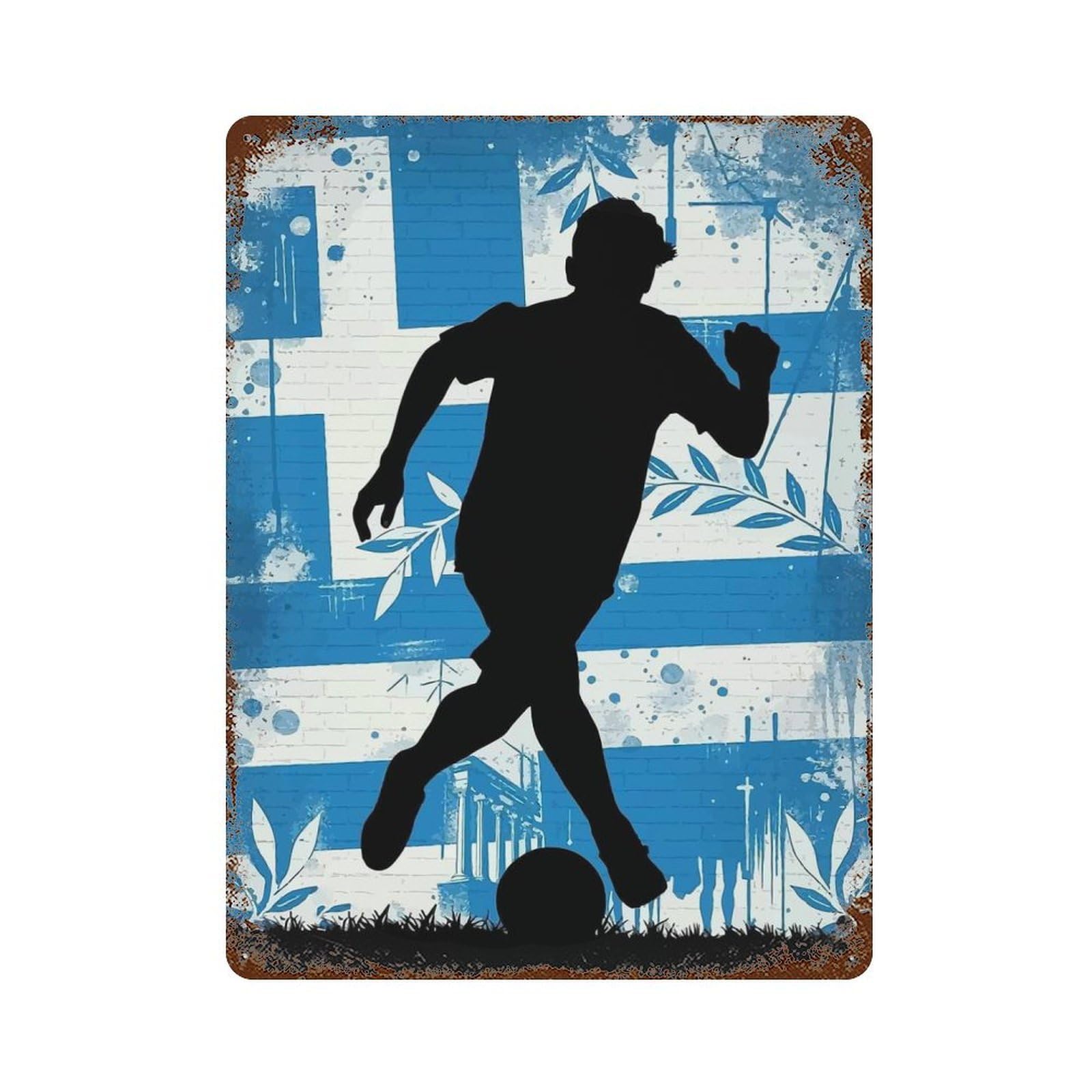 Greek Football Player Silhouette Aged Metal Wall Plaque 15.7"x11.8", Industrial Home Decor for Pub, Kitchen And Man Cave Decor