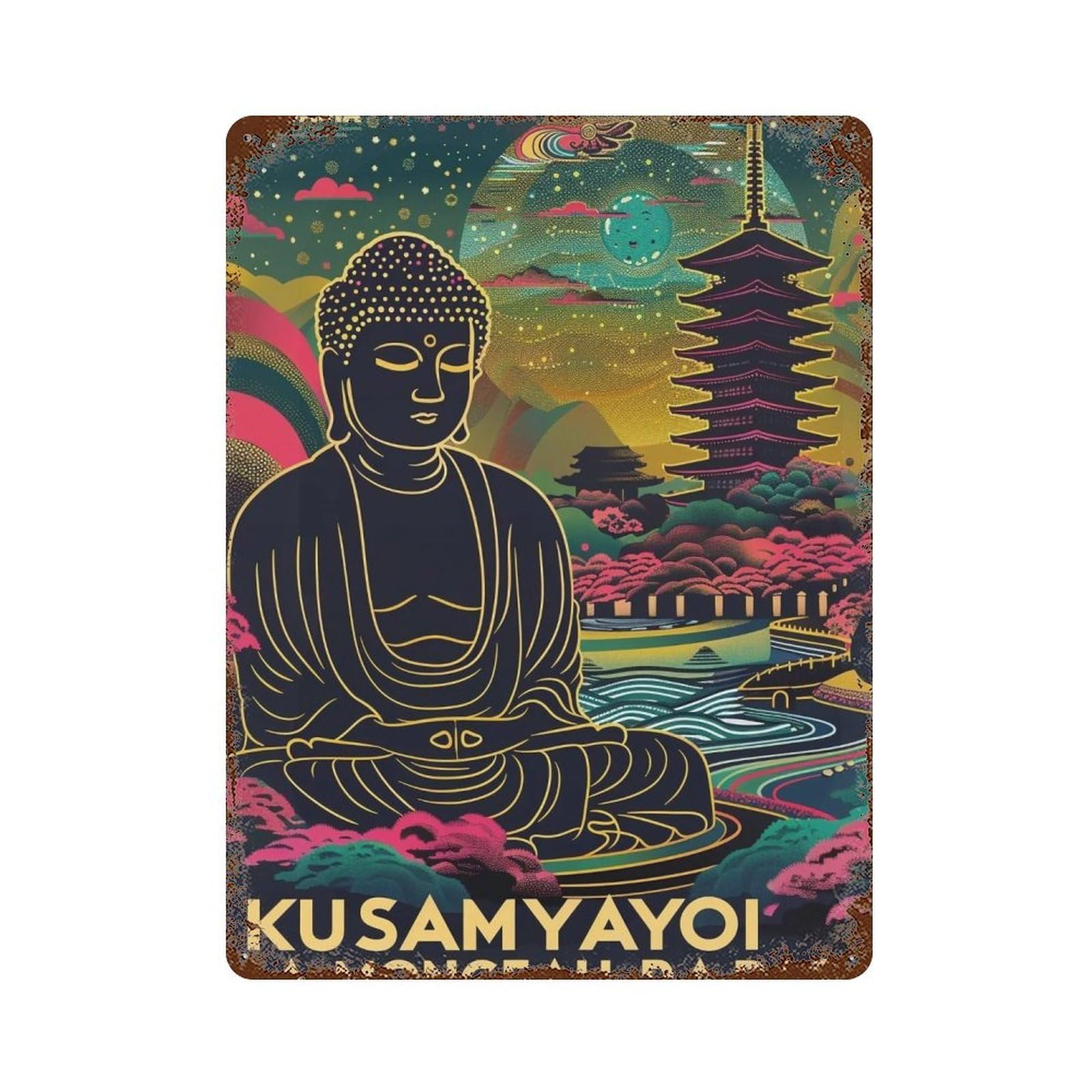 YHGERTKU Yayoi Kusama Buddha Landscape 02 Wall Art Retro Iron Vintage Metal Tin Sign Poster Modern Decor for Living Rooms Gift 40x30cm