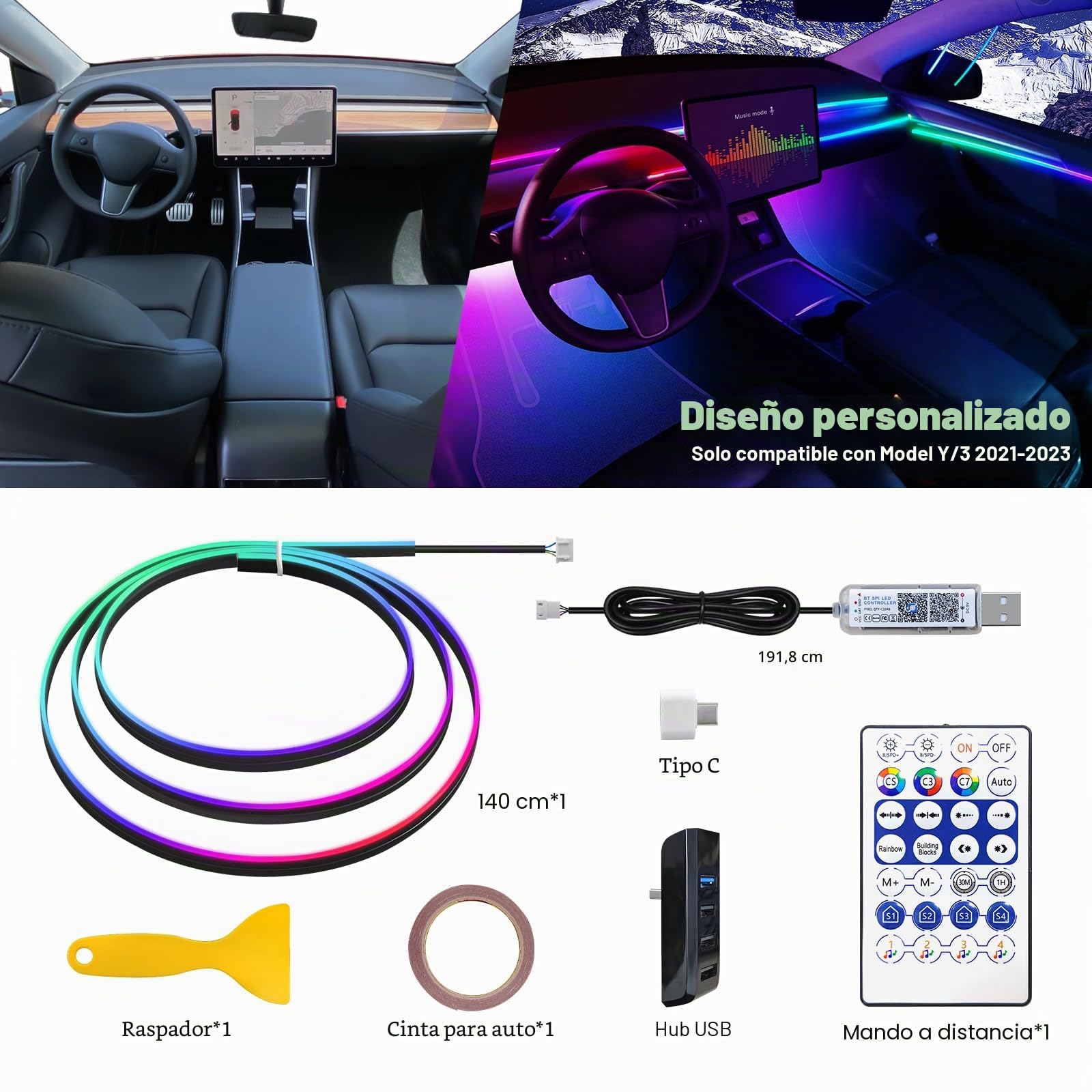 Tira de luces LED de acrílico Dreamcolor para Tesla Model 3/Y con hub USB, kits de iluminación ambiental de fibra óptica de 55.1 pulgadas, colores RGB+IC, tira LED de neón activo para 2021, 2022, 2023