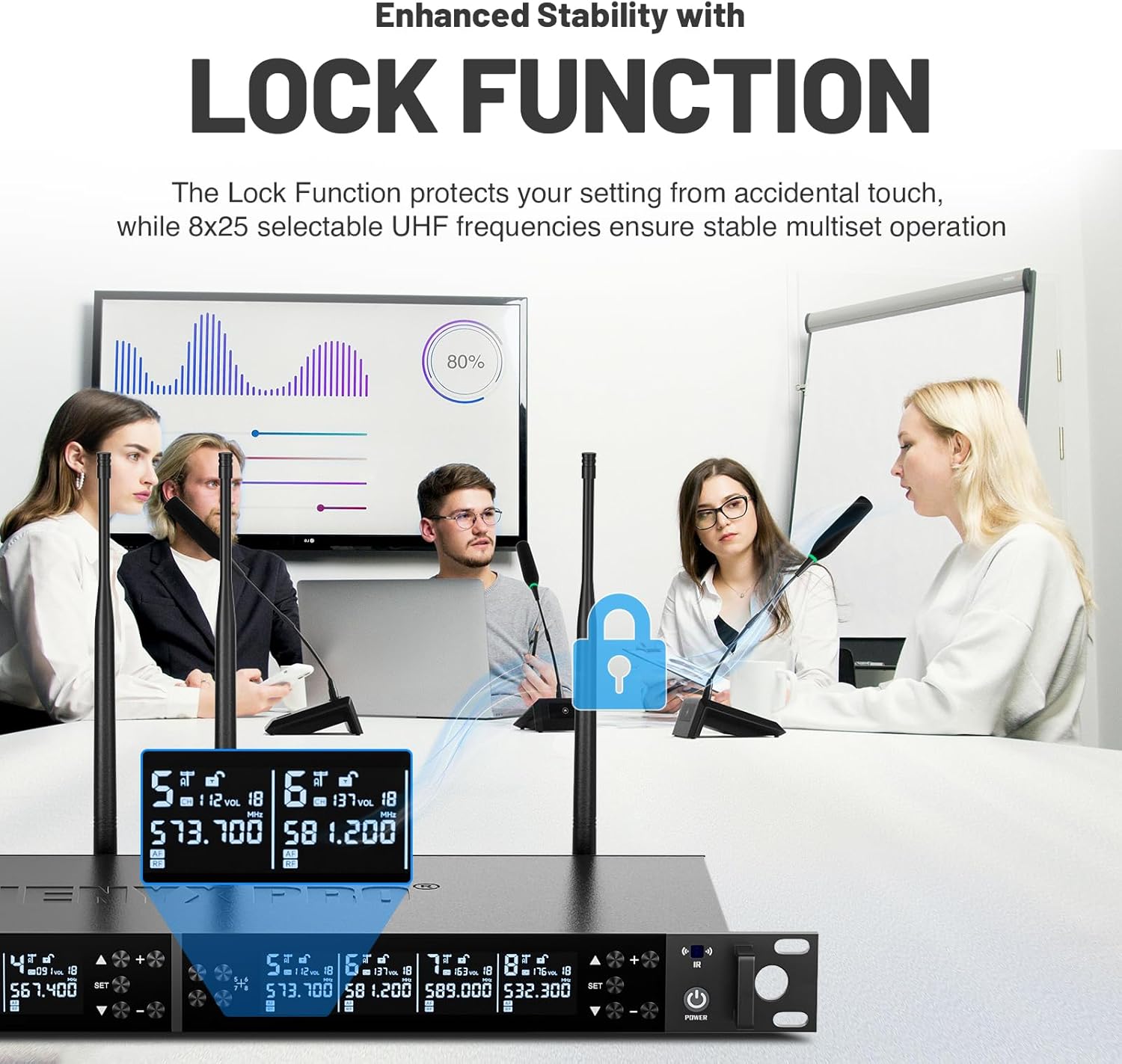 Phenyx Pro 8-Channel Wireless Conference Microphone System, Wireless Podium Microphone with 8x25 UHF Frequencies, Auto Scan, 8 Gooseneck Mics for Lecture, Church, Conference, Public Speaking (PTC-8)