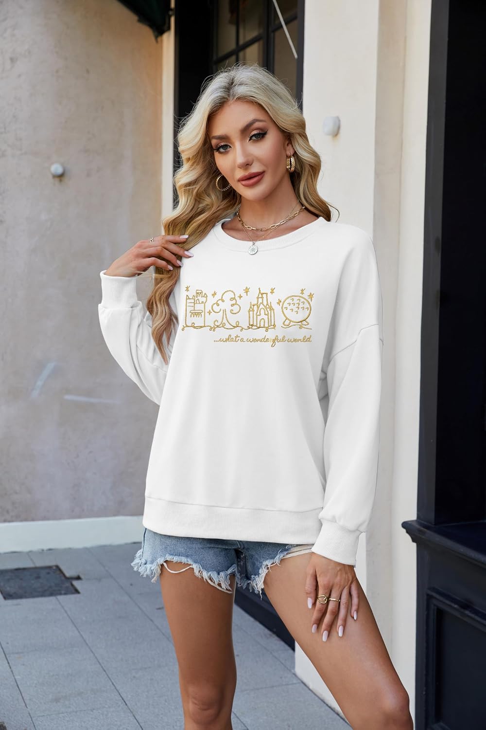 FRYAID Fantastical Wonder World Sweatshirts Women Funny Embroidered Dreamy Castle Family Holiday Long Sleeve Pullover Tops