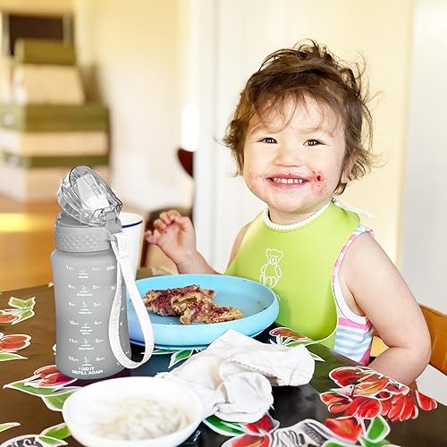 Miniatura 7 de Botella de agua de 12oz para niñosniñas pequeños, sin BPA, con marcador de tiempo que motiva a beber, 2 tapas de popoteboquilla, abre con un solo