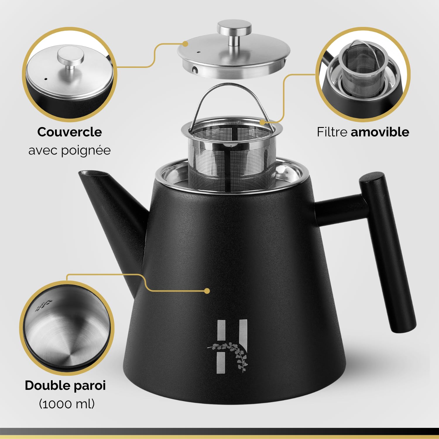 Théière isotherme Hanamura avec infuseur - en acier inoxydable à double paroi 1L - noire moderne pour thé et tisane