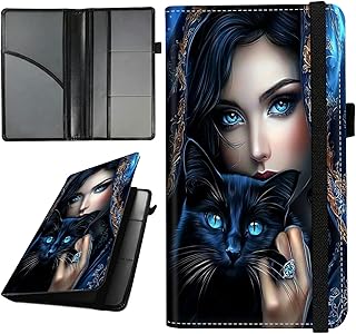Car Document Holder Organiser for Women Men, Leather Registration and Insurance Storage Accessories with Wristband Closure for Documents, Cards, Driving License, Check, Girl Black Cat