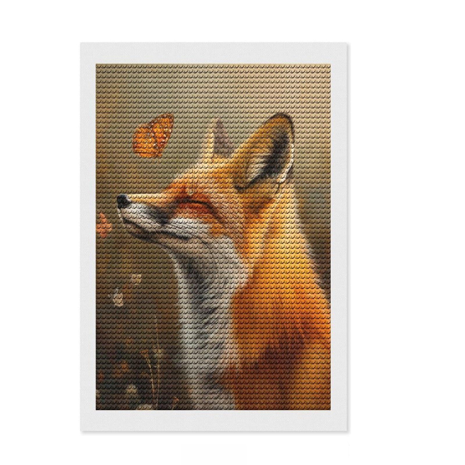 Junmoney Fox and Butterfly Diamond Painting Kit 8"x12", Detailed Printed Canvas, with Tool Kit, Full Kit Included, Canvas Picture
