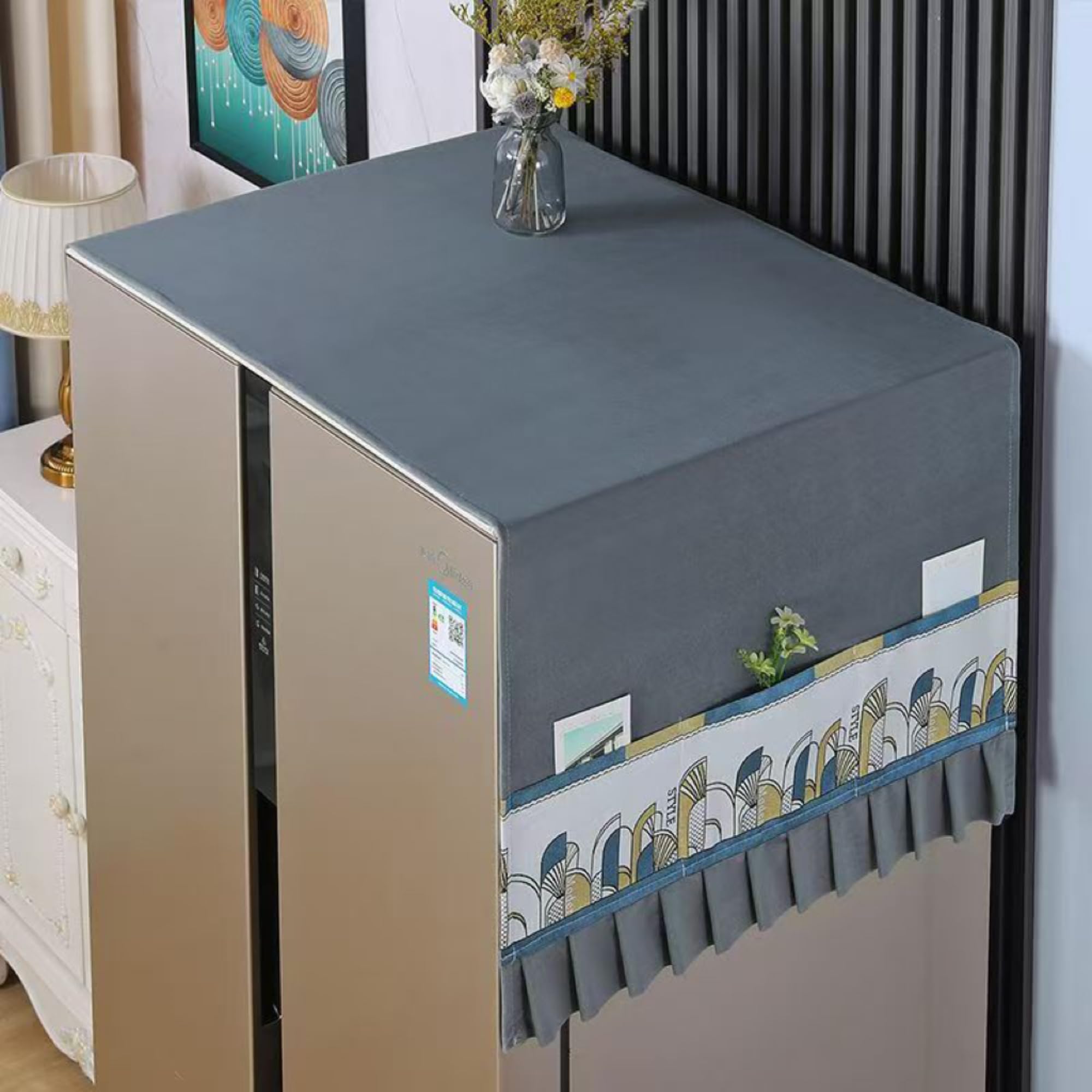 Fridge Dust Cover Fridge Dust Proof Cover Front Load with Storage Pockets Anti-Slip Washer And Dryer Top Covers Washer and Dryer Top Cover Washing Machine Top Cover - Grey