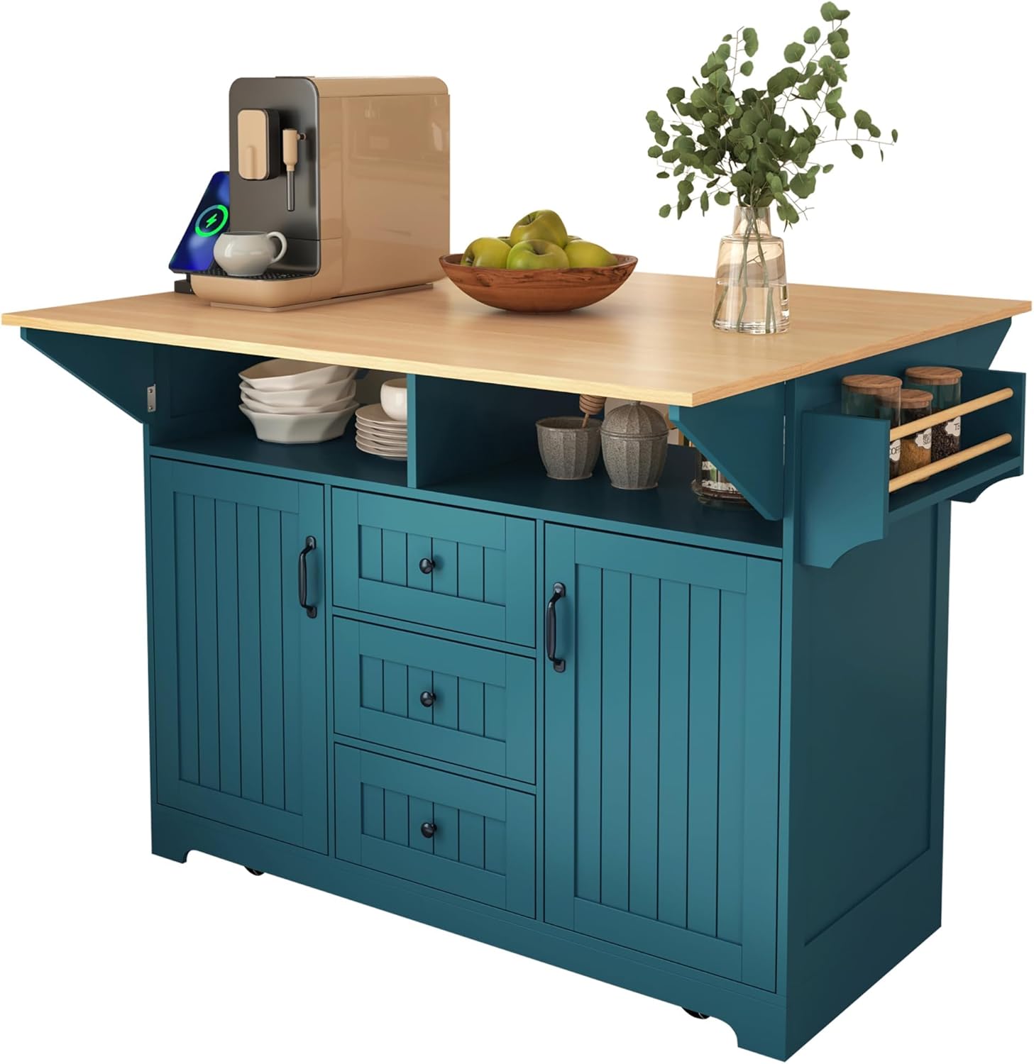 Large Kitchen Island Cart with 2 Drop Leaf, Mobile Dining Table with Storage Cabinet, Rolling Kitchen Cart with Power Outlets, 3 Drawers, Spice & Towel Rack