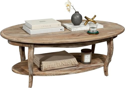 Farmhouse 48-Inch Oval Coffee Table with Lower Shelf Solid Cedar Living Room Center Table with Curved Legs, Driftwood Finish, and Handcrafted Design Rustic Collection by Alaterre Furniture