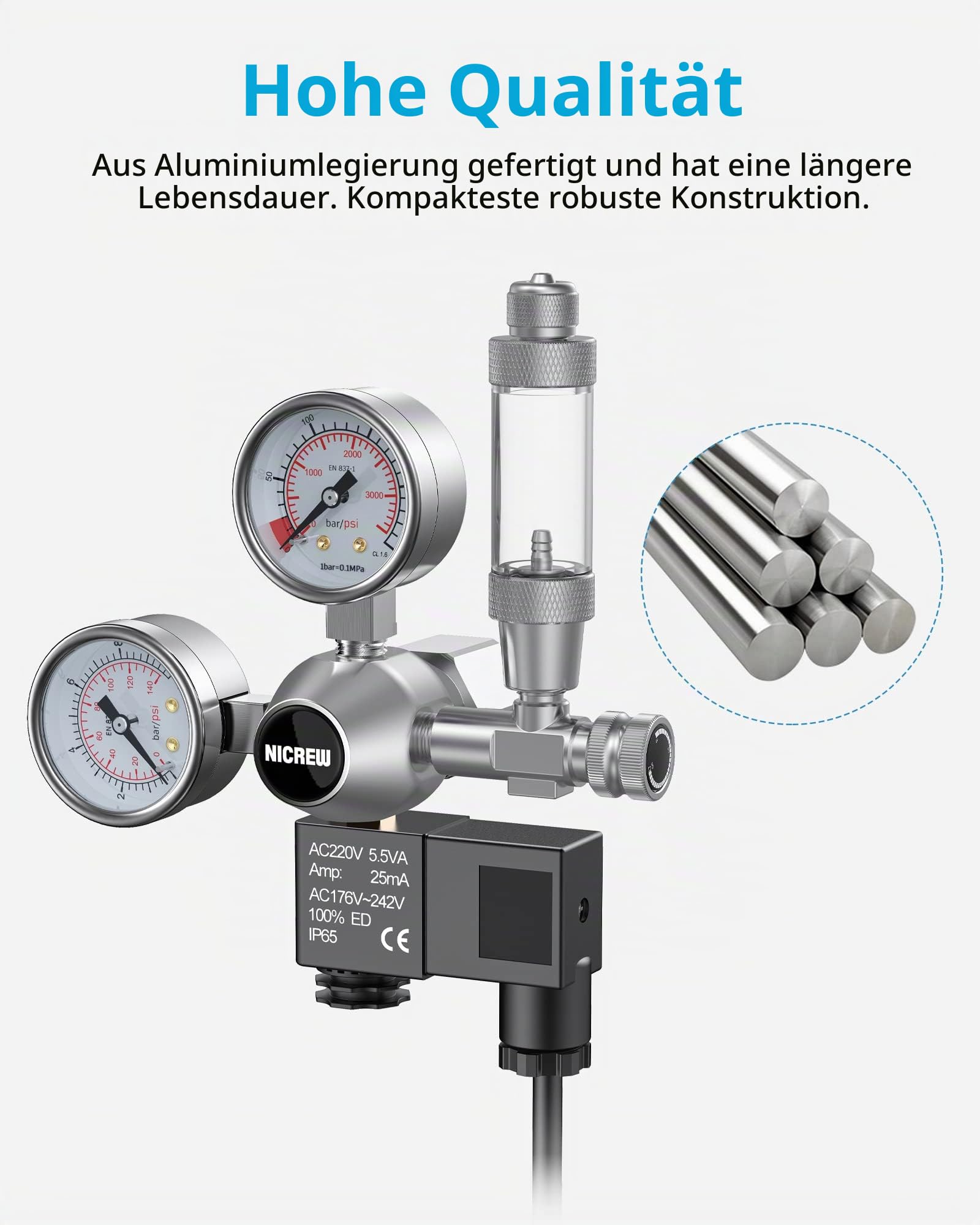 NICREW Außen CO2-Regler für Aquarien, Druckminderer für bepflanztes Aquarium, Doppelmanometer mit Magnetventil, Blasenzähler, Schnittstelle W21,8