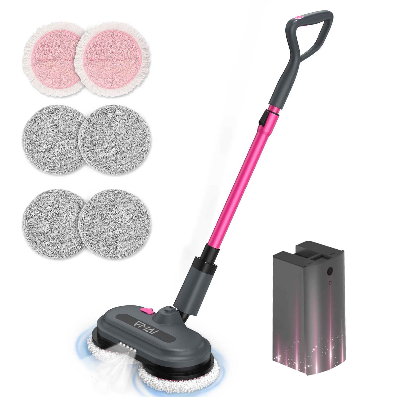 VMAI Cordless Electric Mop for Floor Cleaning,Water Sprayer Spin Mop with 300ML Water Tank,LED Lighting and Removable Battery,Up to 60mins Working Time for Hardwood Tile Laminate Marble Floor(Rose)