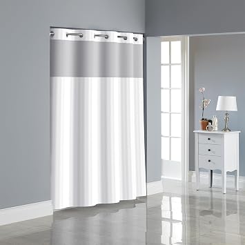 Hookless Its a Snap Satin Stripe Shower Curtain, 3-in-1 Shower Curtain Includes Fabric Shower Curtain with Sheer Top Window, Flex-On Rings & PEVA Liner, 71" x 74", Bright White