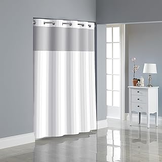 Hookless It's a Snap Satin Stripe Shower Curtain, 3-in-1 Shower Curtain Includes Fabric Shower Curtain with Sheer Top Window, Flex-On Rings & PEVA Liner, 71" x 74", Bright White