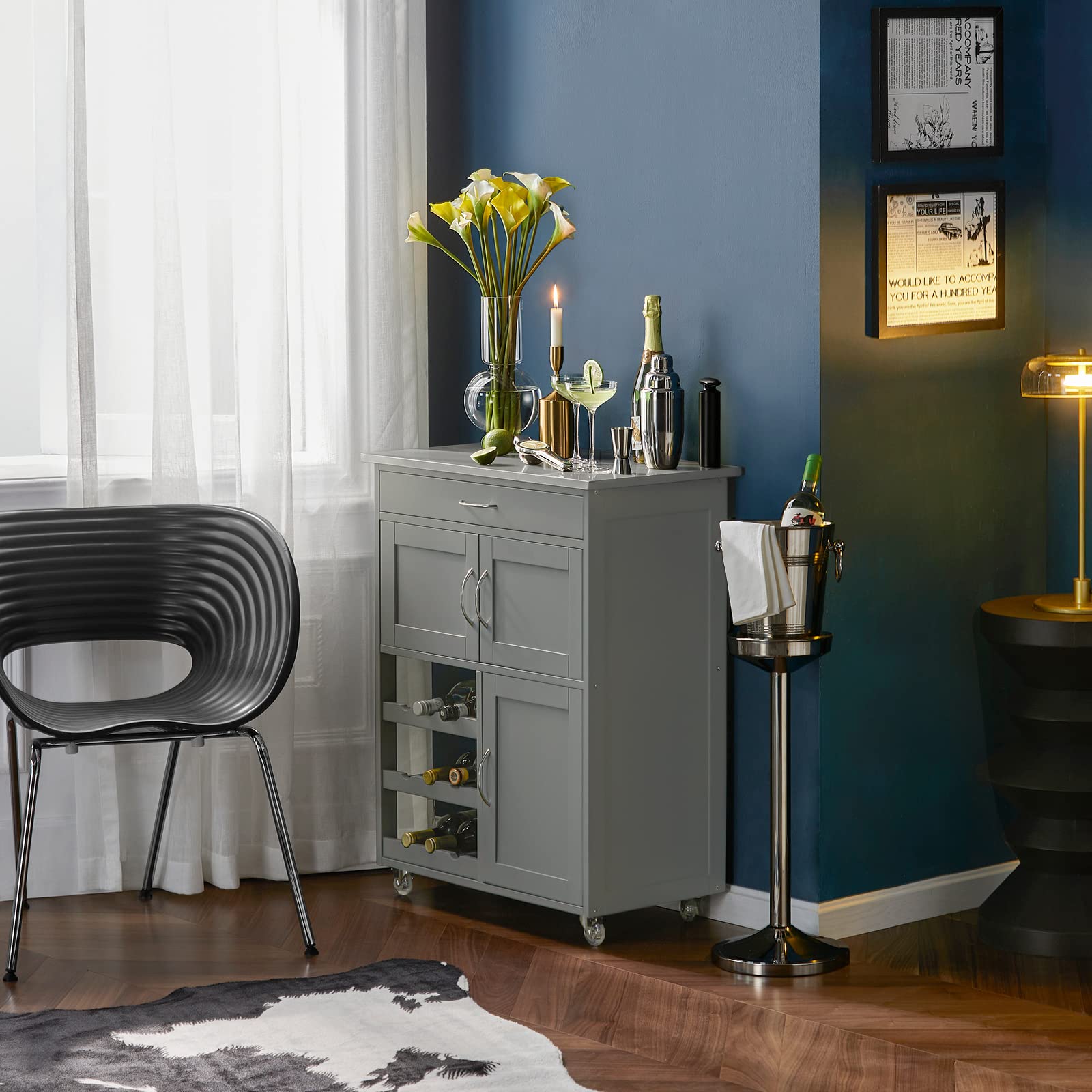 SoBuy Mobile Cucina Salvaspazio con Ruote Carrello Cucina con Cassetti e Portabottiglie, Mobiletto Credenza credenza cucina per Cucina o Sala da Pranzo, Grigio Chiaro 67x86x38cm FKW45-HG