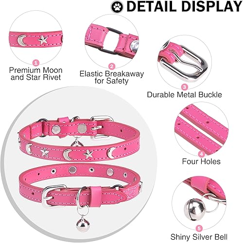 Miniatura 2 de Collares de cuero para gatos con campana y cinturón elástico de seguridad, collar de hebilla ajustable de estrella y luna personalizado para gatos