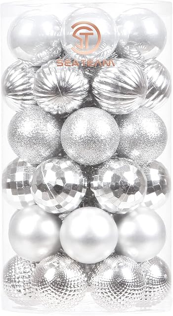 Sea Team 41-Pack Christmas Ball Ornaments with Strings, 40mm/1.57" Small Size Baubles, Shatterproof Plastic Christmas Bulbs, Hanging Decorations for Xmas Tree, Holiday, Wedding, Party, Silver