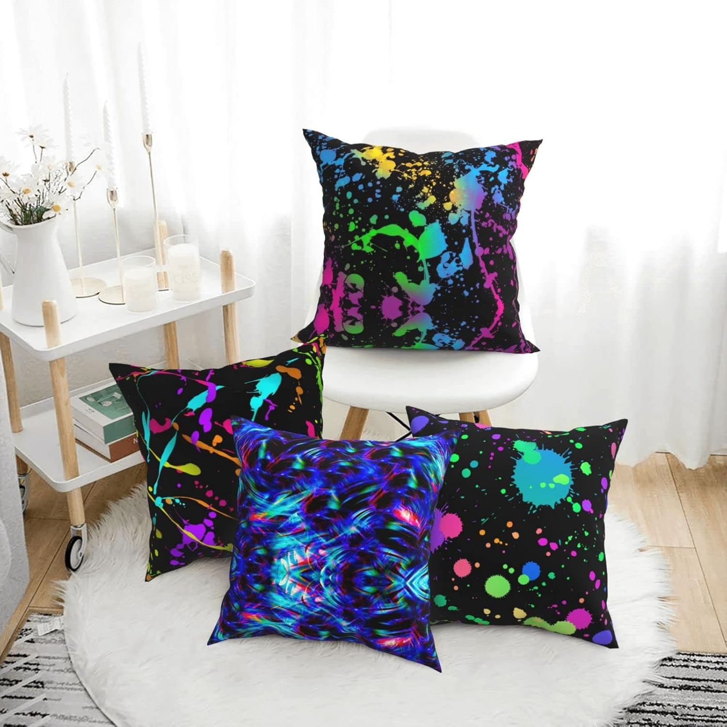Glow in Dark Splatter Neon Set of 4 Throw Pillow Covers Square Pillowcase Home Decor for Couch Sofa Bed, Double-Sided Pattern 18x18 Inches