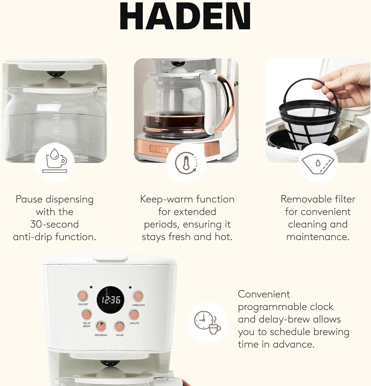 HADEN Coffee Machine features: Anti-drip, Keep-warm, Removable filter