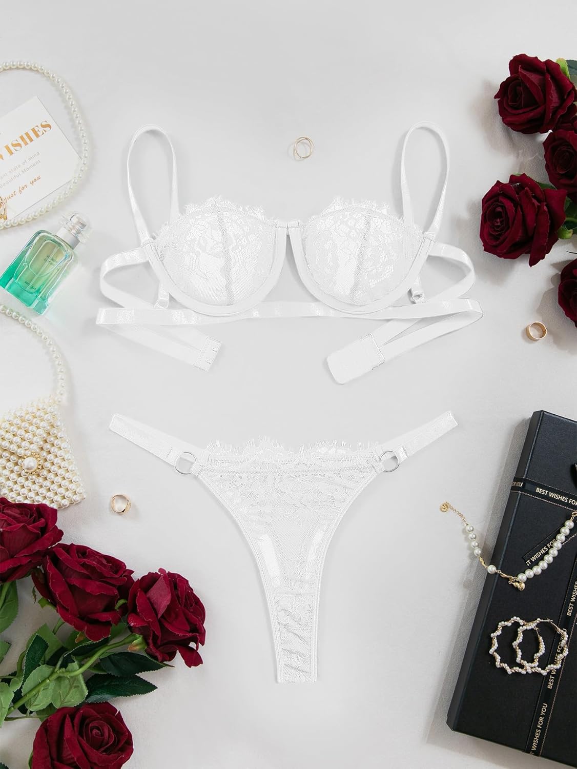 Lilosy Sexy Eyelash Underwire Floral Lace Sheer O Ring Linked Cutout Lingerie Set - Image 8